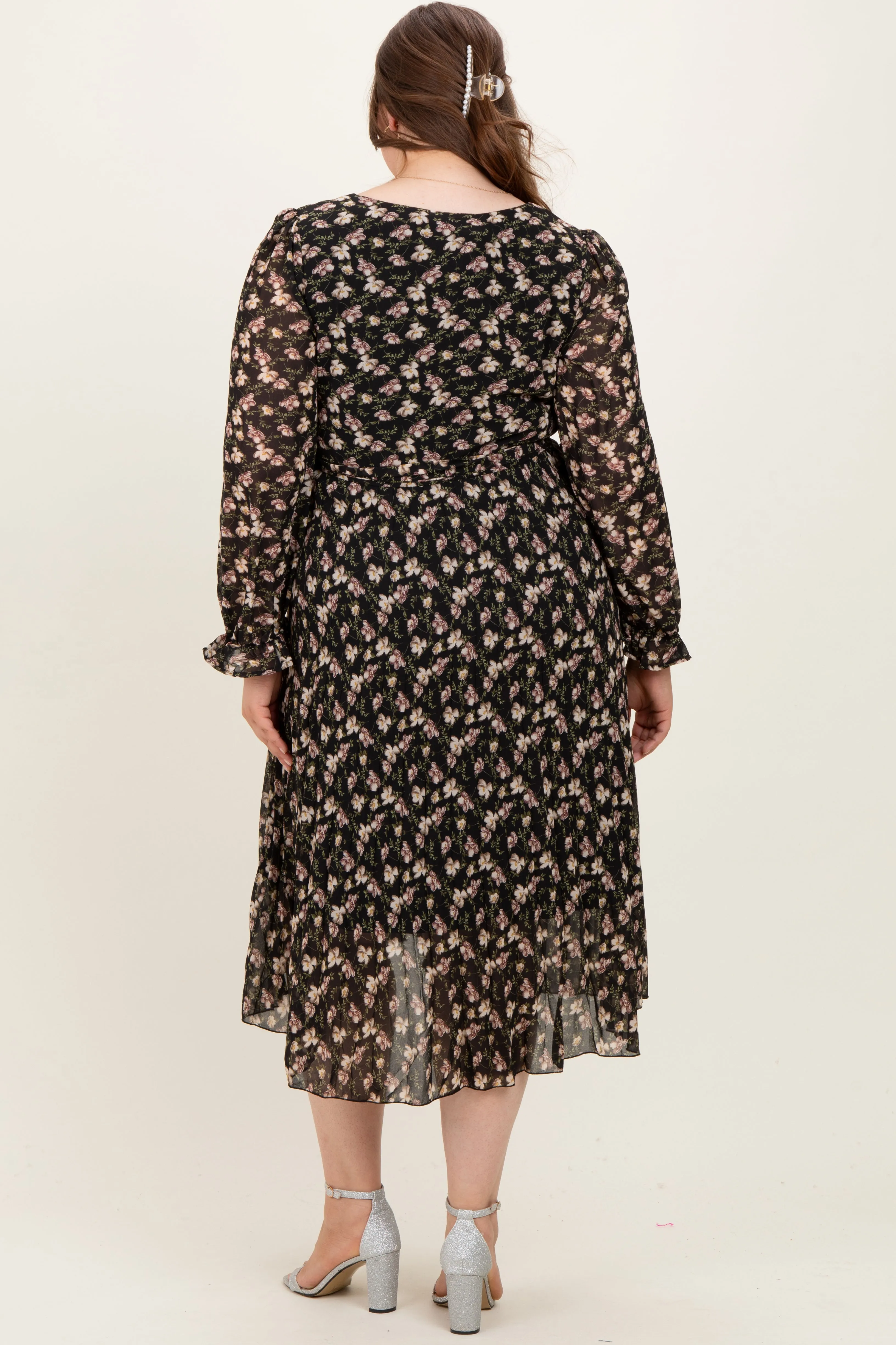 Black Floral Chiffon Long Sleeve Pleated Maternity Plus Midi Dress sold by Pinkblush product image thumbnail 3