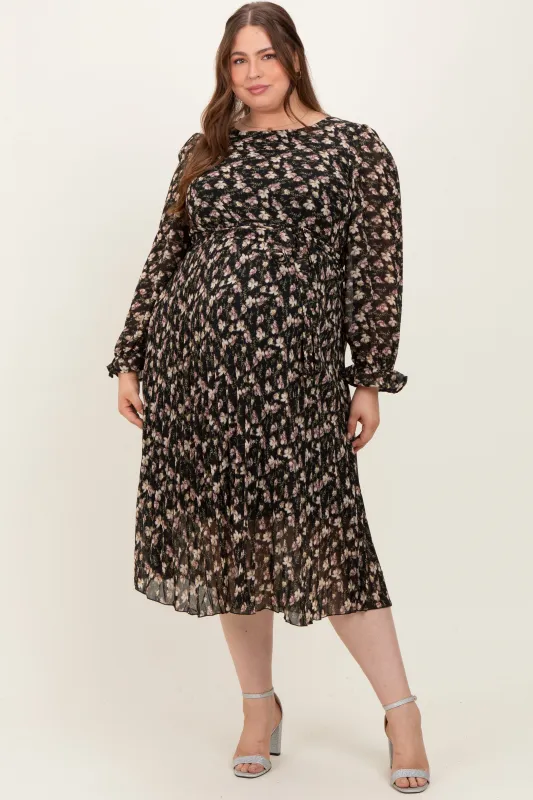 Black Floral Chiffon Long Sleeve Pleated Maternity Plus Midi Dress sold by Pinkblush