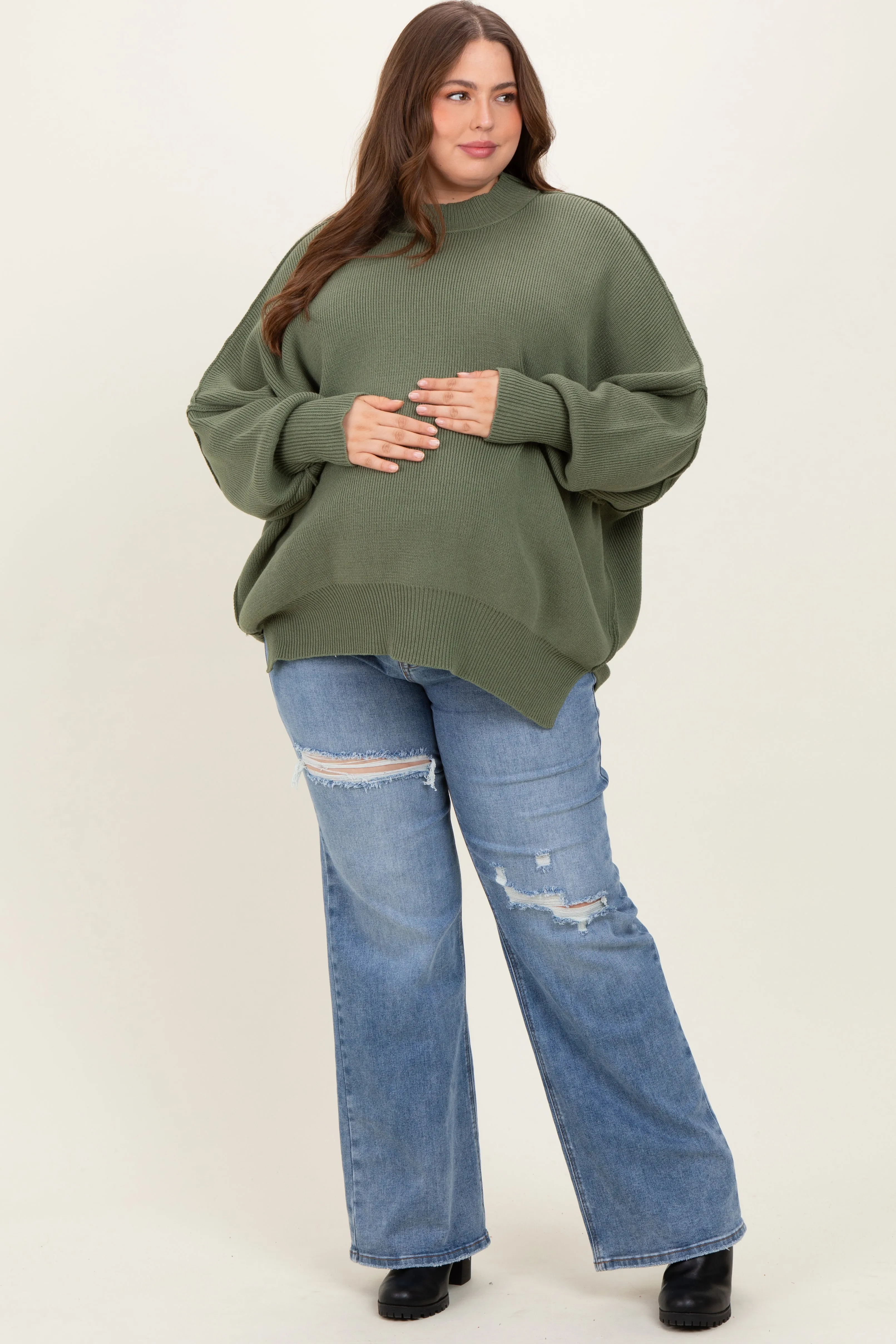 Blue Ripped Knee Wide Leg Maternity Plus Jeans sold by Pinkblush