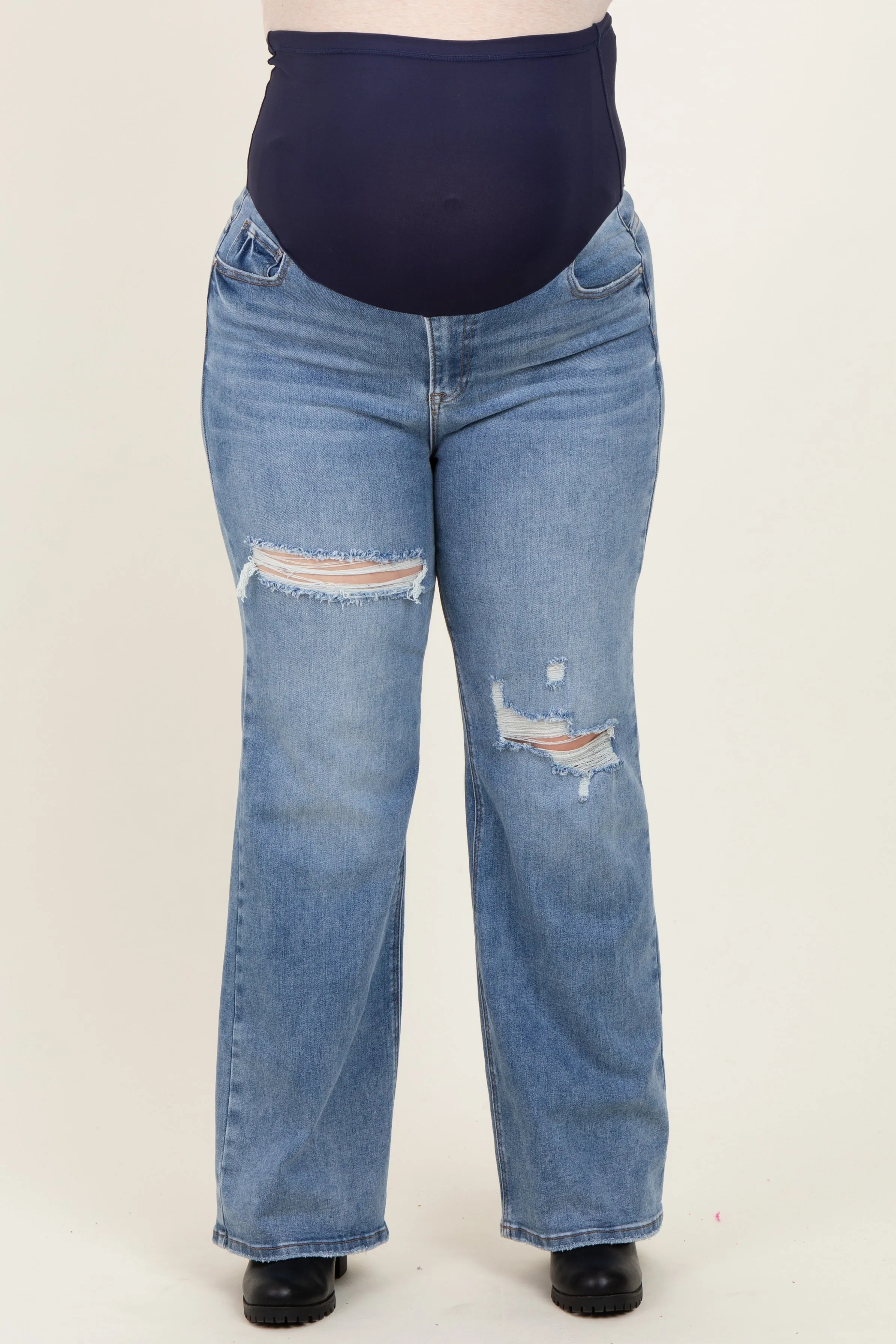 Blue Ripped Knee Wide Leg Maternity Plus Jeans sold by Pinkblush product image thumbnail 2