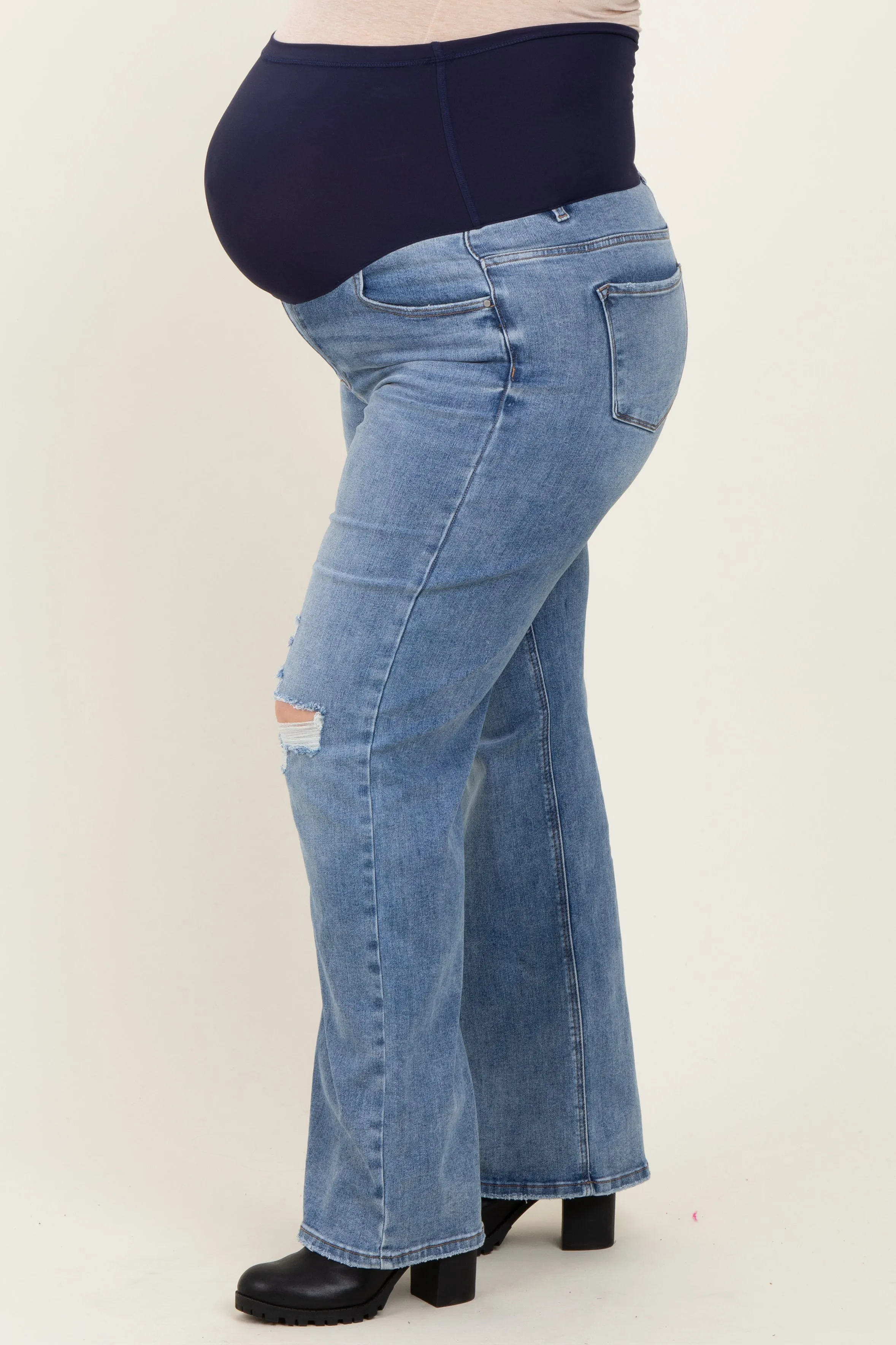 Blue Ripped Knee Wide Leg Maternity Plus Jeans sold by Pinkblush product image thumbnail 3