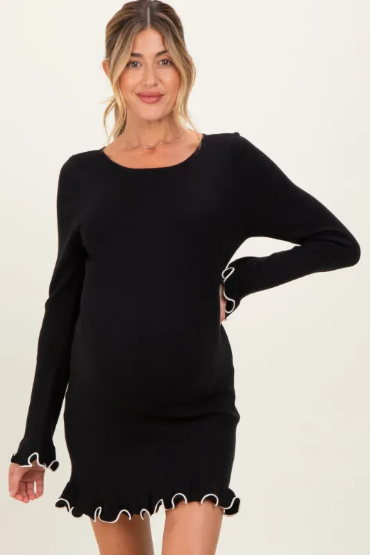 Black Long Sleeve Lettuce Trim Maternity Mini Dress sold by Pinkblush