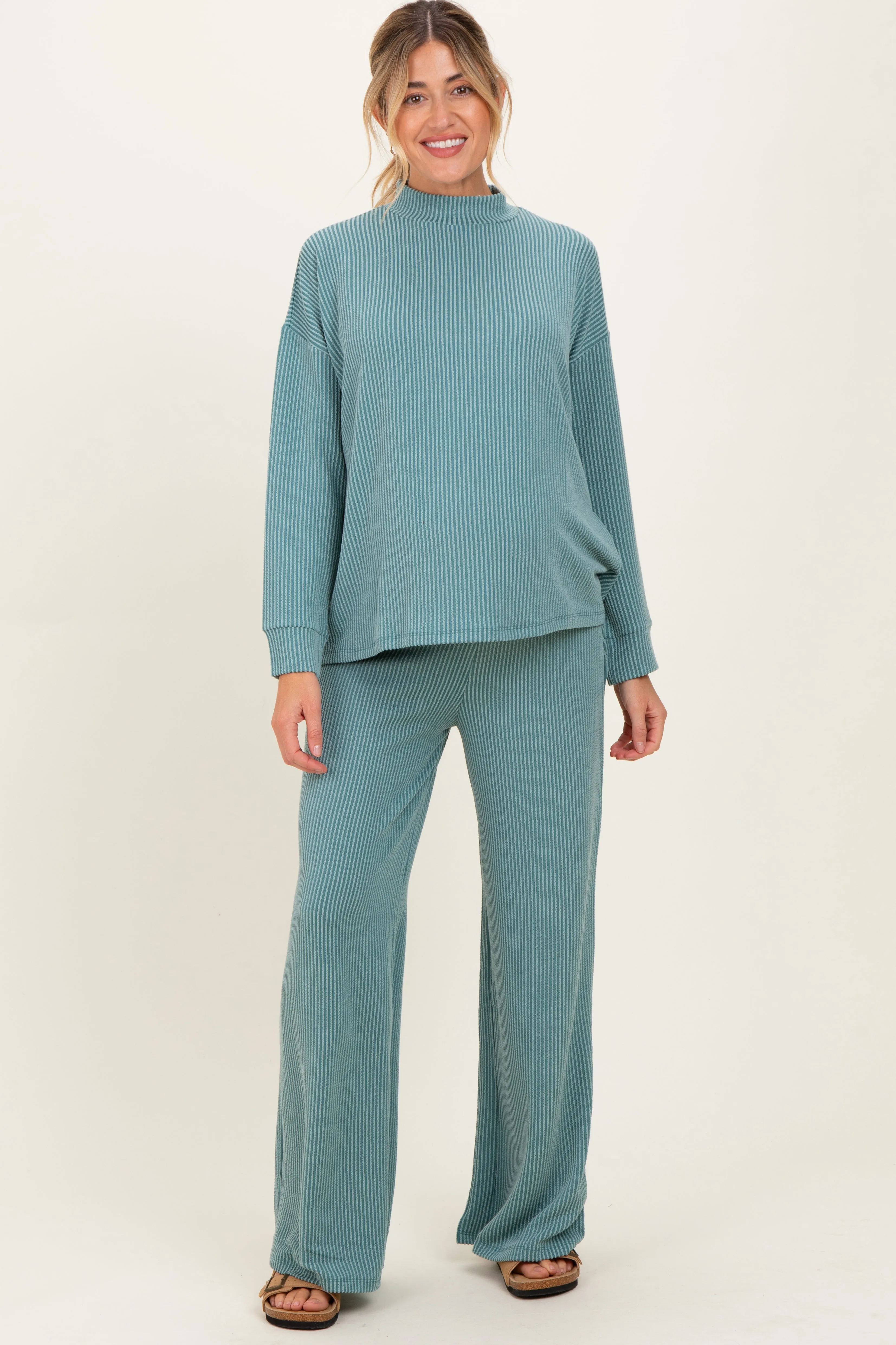 Jade Textured Rib Mock Neck Long Sleeve Pants Maternity Set sold by Pinkblush