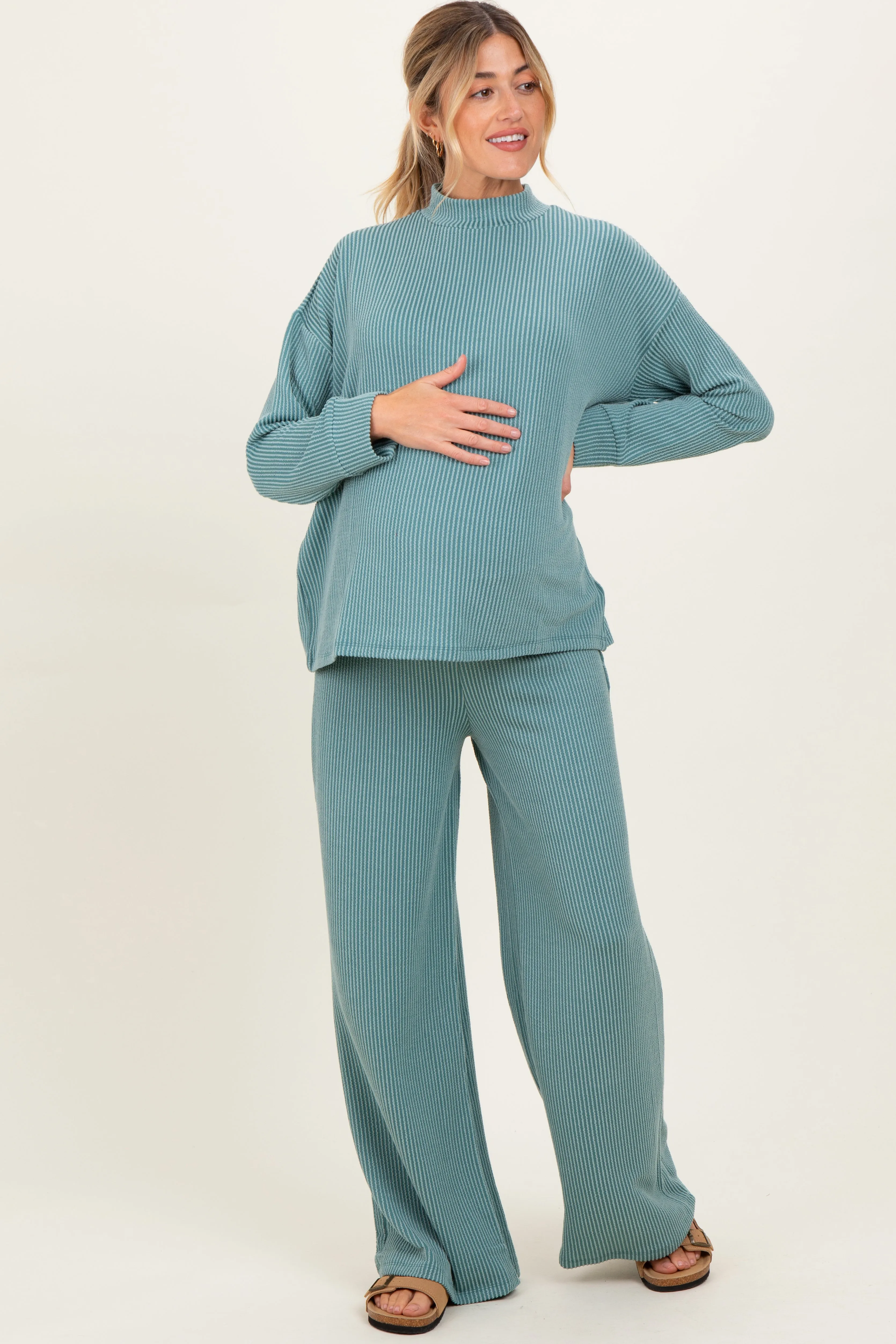 Jade Textured Rib Mock Neck Long Sleeve Pants Maternity Set sold by Pinkblush product image thumbnail 2