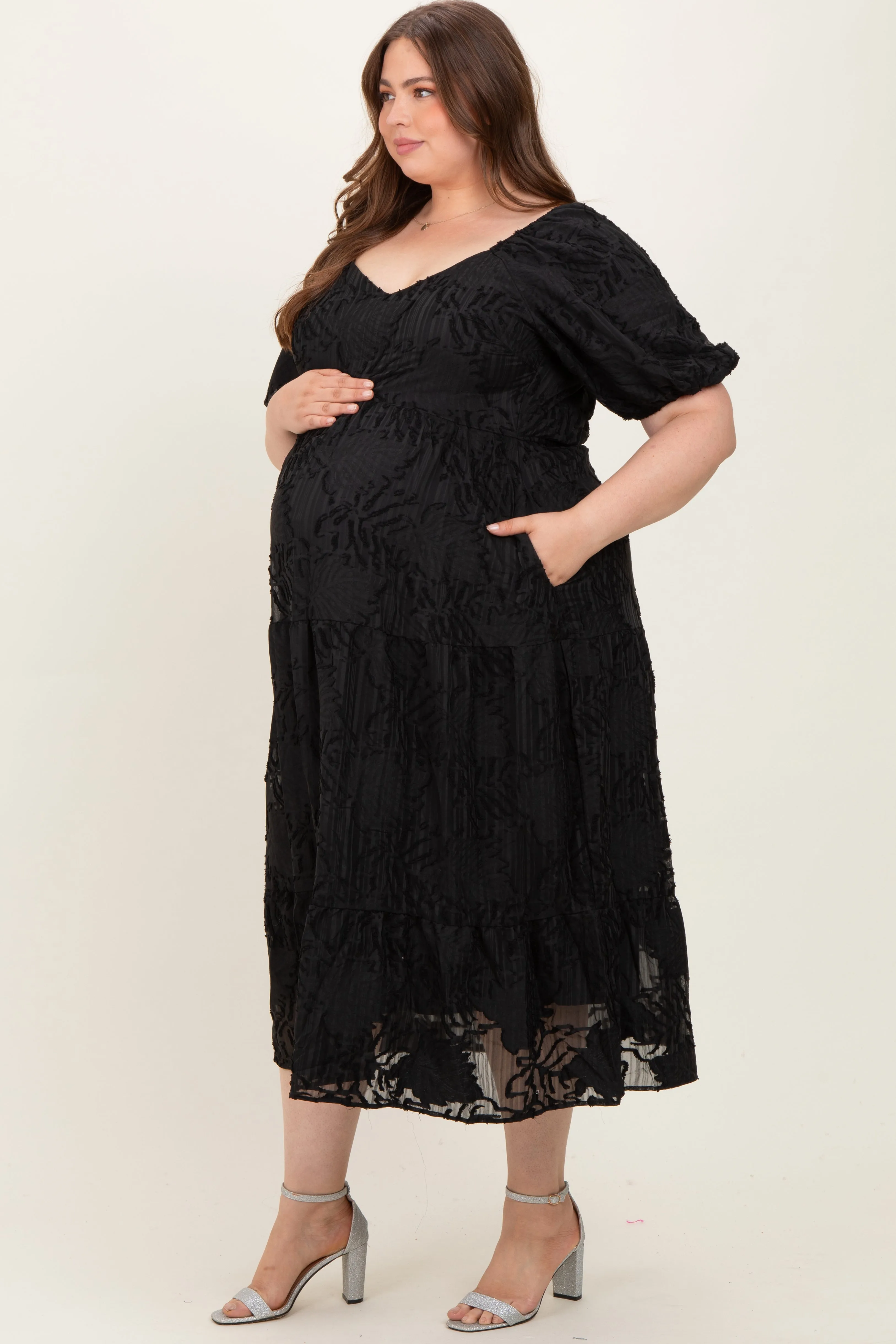 Black Leaf Textured Tiered Maternity Plus Midi Dress sold by Pinkblush product image thumbnail 3