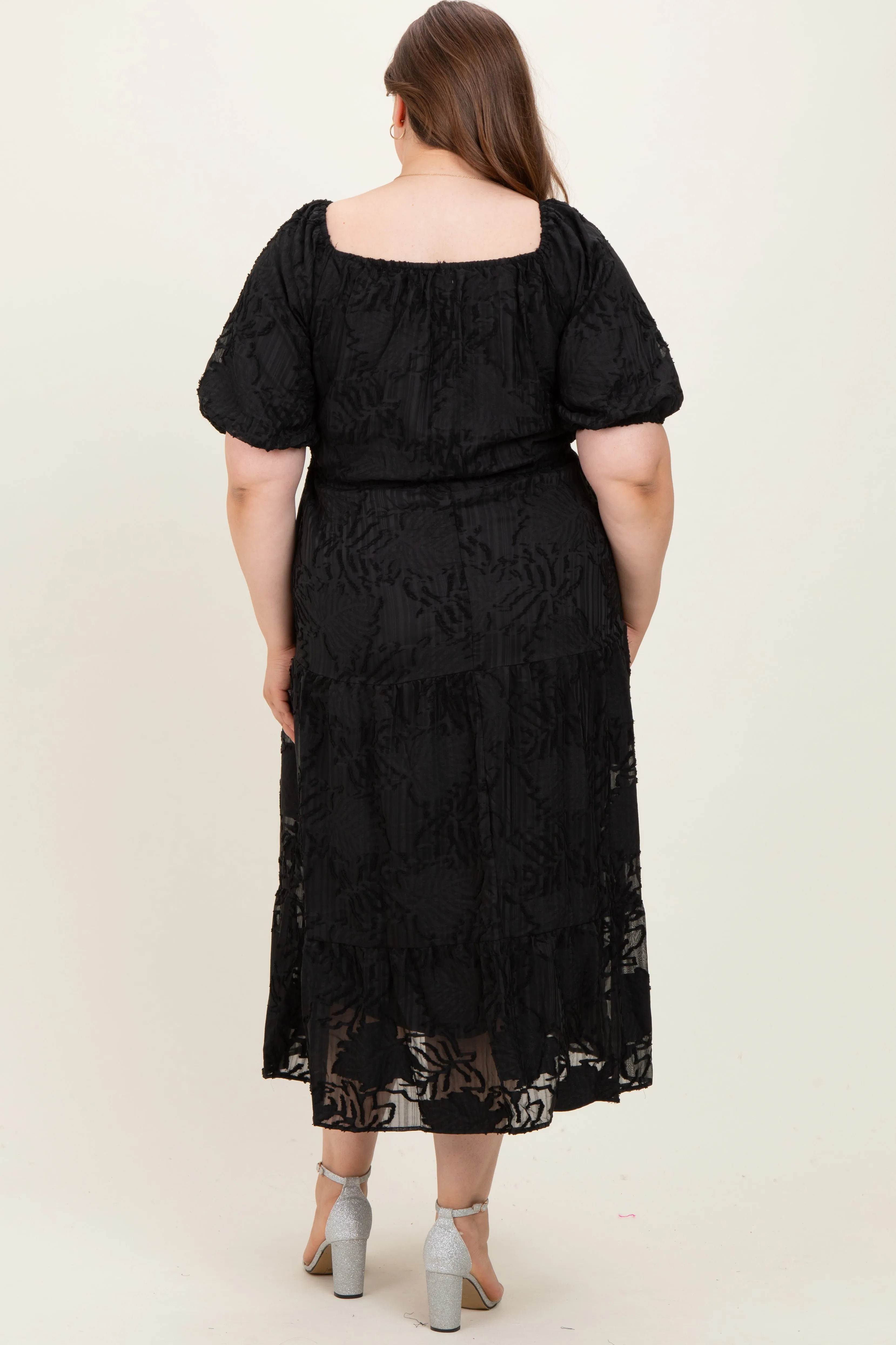 Black Leaf Textured Tiered Maternity Plus Midi Dress sold by Pinkblush product image thumbnail 4