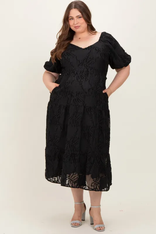 Black Leaf Textured Tiered Maternity Plus Midi Dress sold by Pinkblush