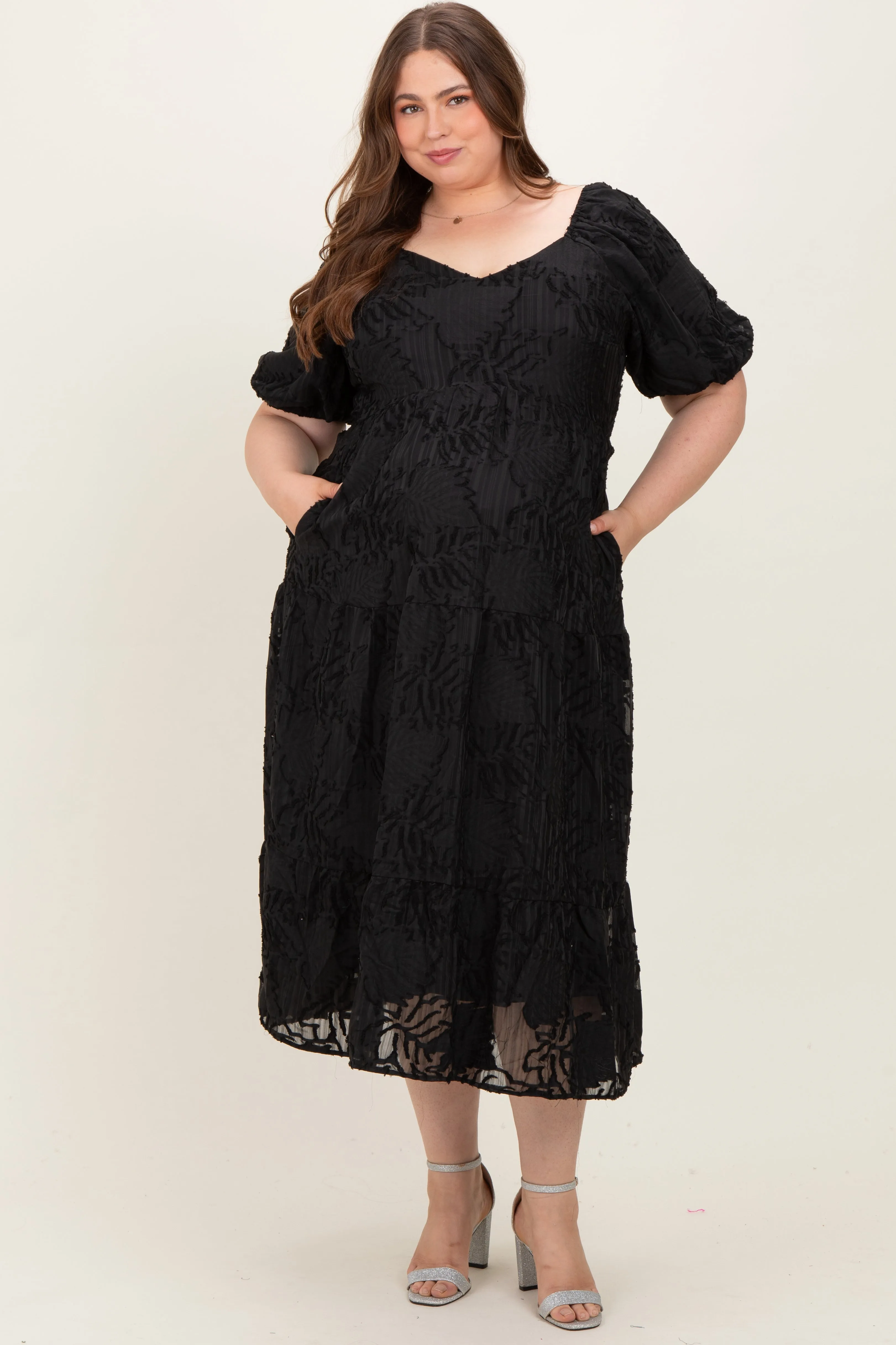 Black Leaf Textured Tiered Maternity Plus Midi Dress sold by Pinkblush
