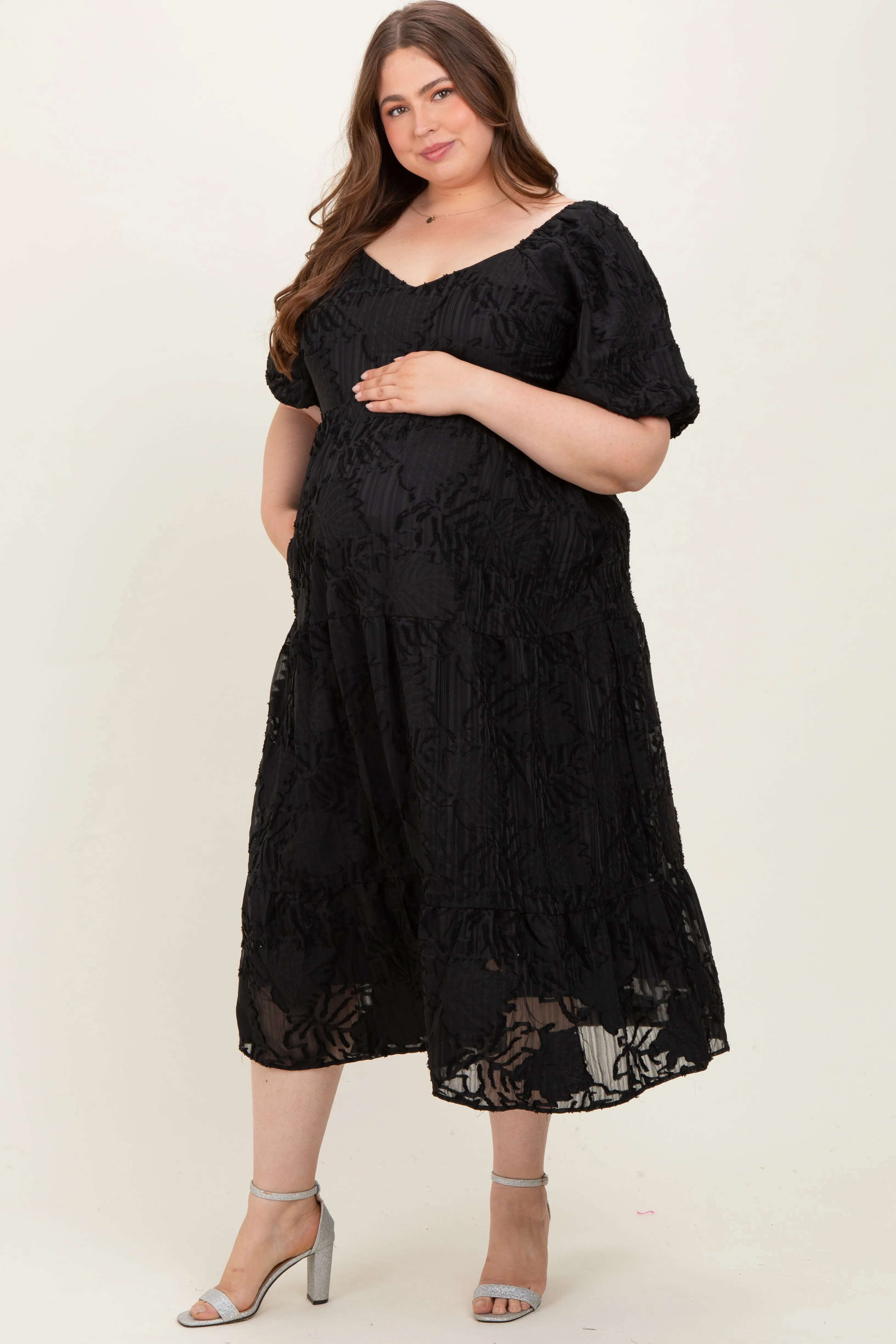 Black Leaf Textured Tiered Maternity Plus Midi Dress sold by Pinkblush product image thumbnail 2