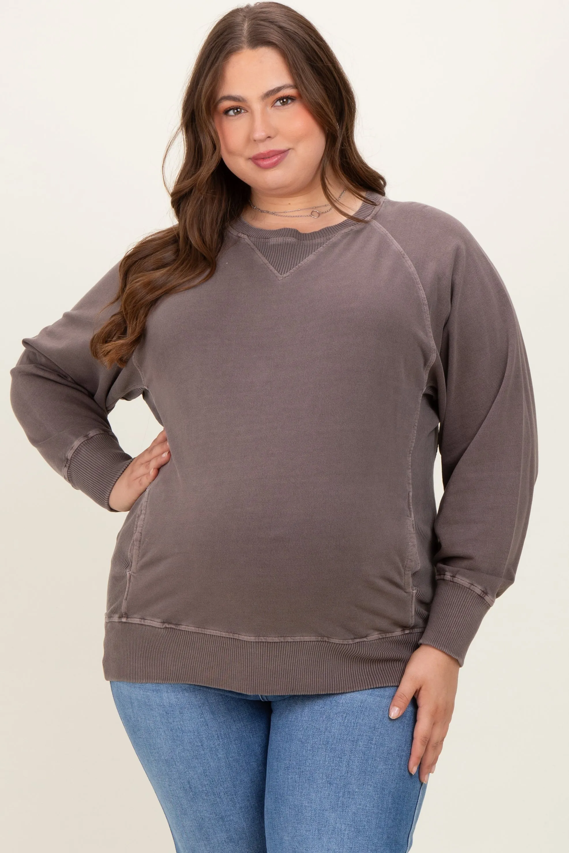 Brown Vintage Wash French Terry Maternity Plus Pullover sold by Pinkblush product image thumbnail 2