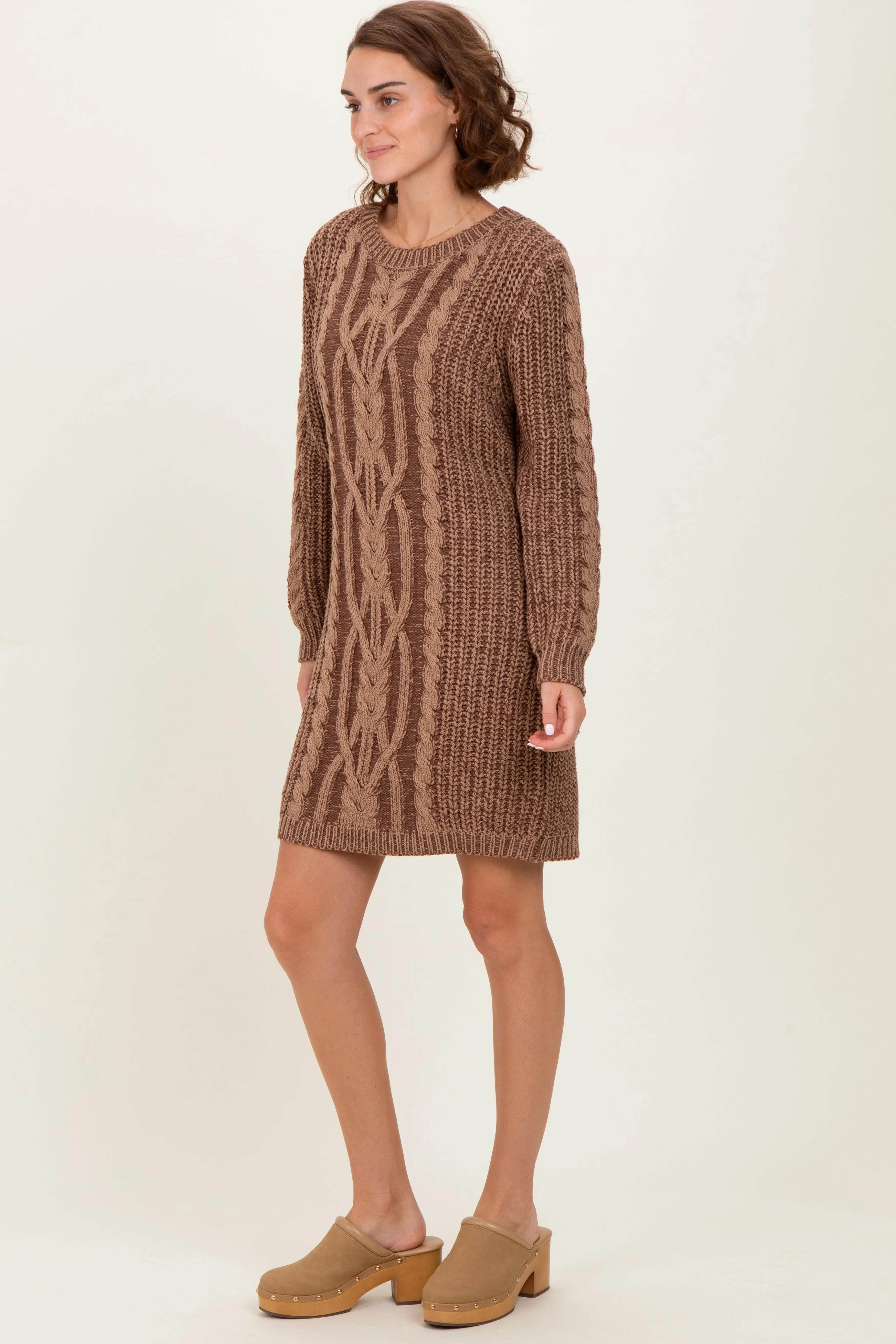 Brown Two Tone Cable Knit Mini Sweater Dress sold by Pinkblush product image thumbnail 3