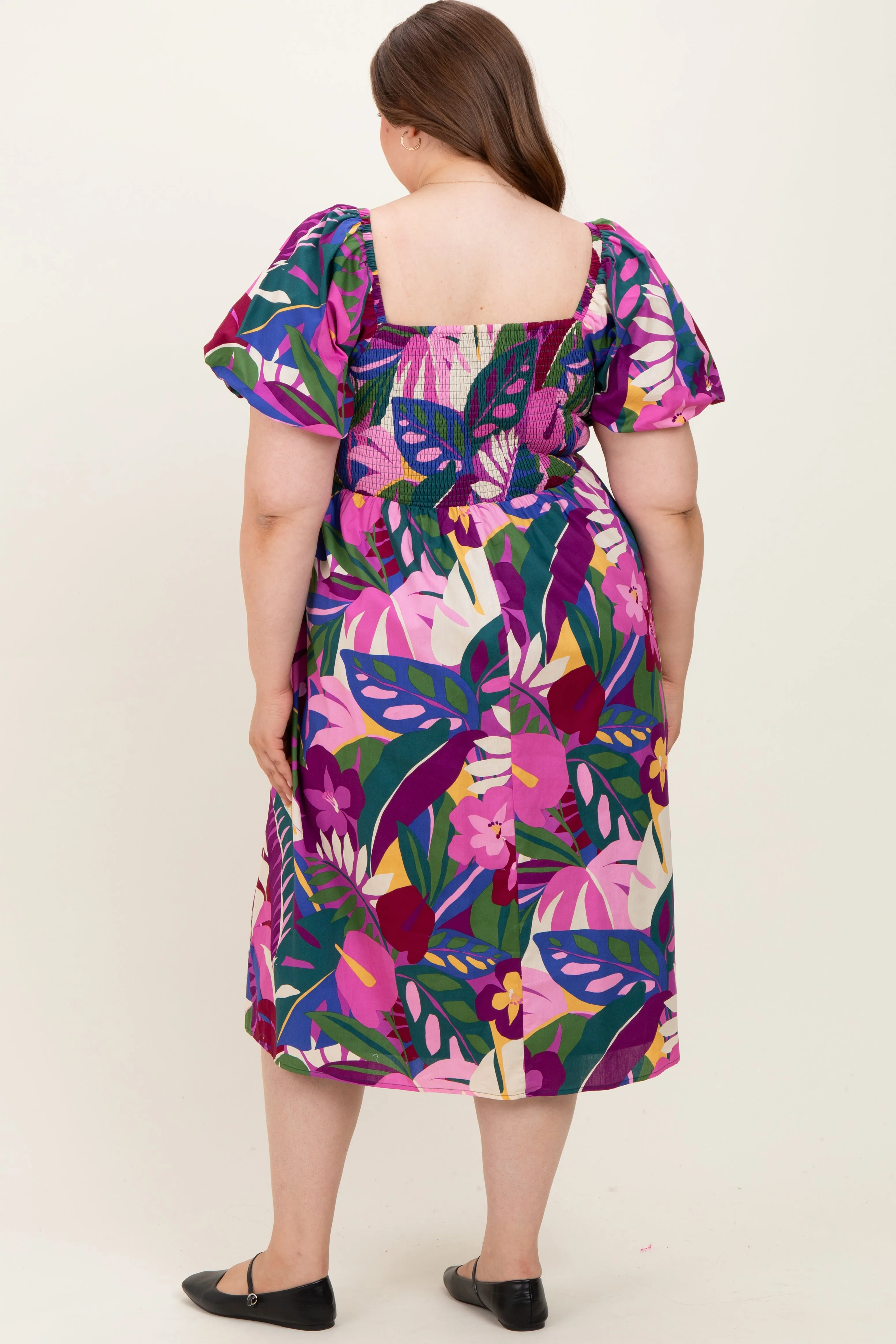 Purple Smocked Tropical Floral Maternity Plus Midi Dress sold by Pinkblush product image thumbnail 3