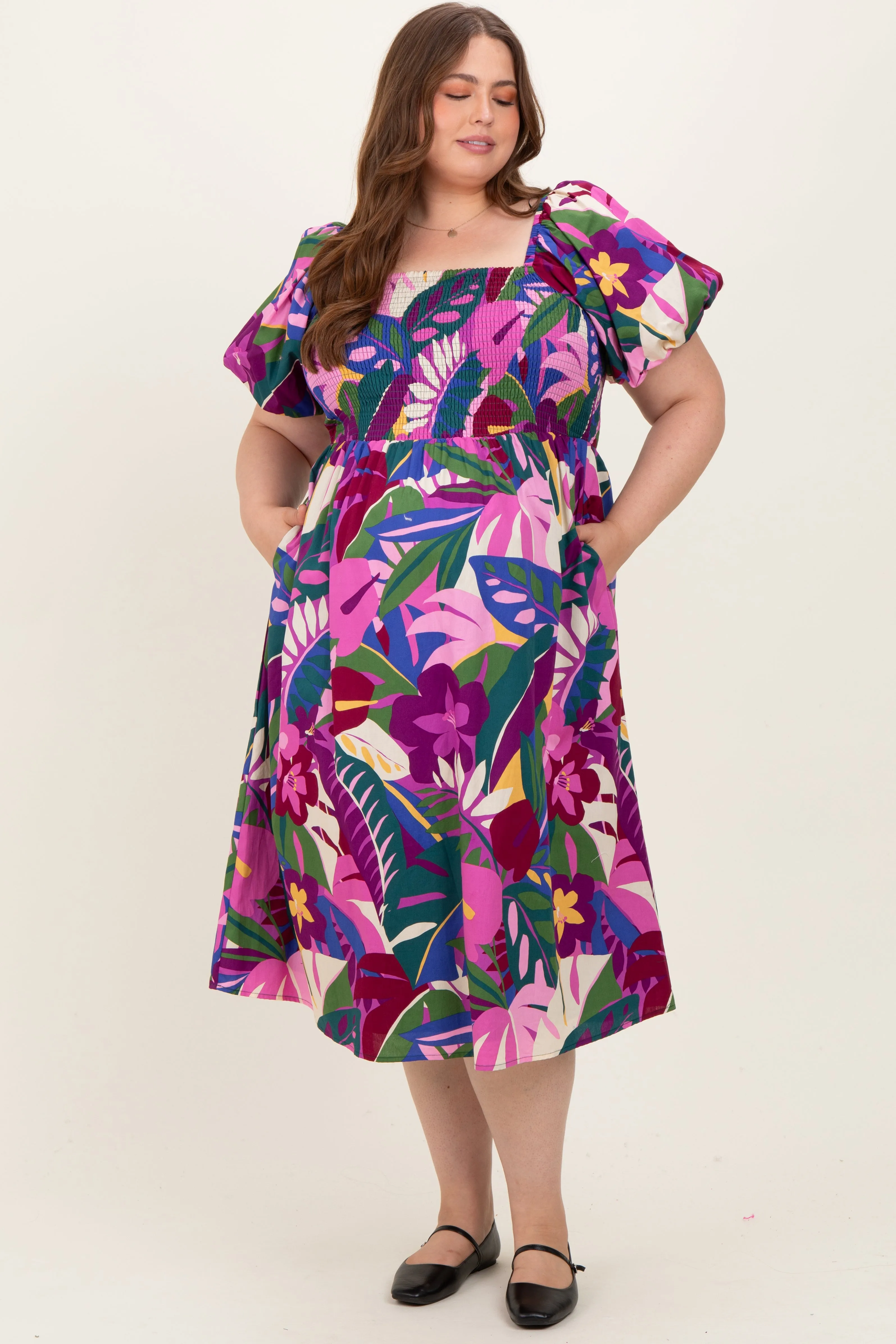Purple Smocked Tropical Floral Maternity Plus Midi Dress sold by Pinkblush