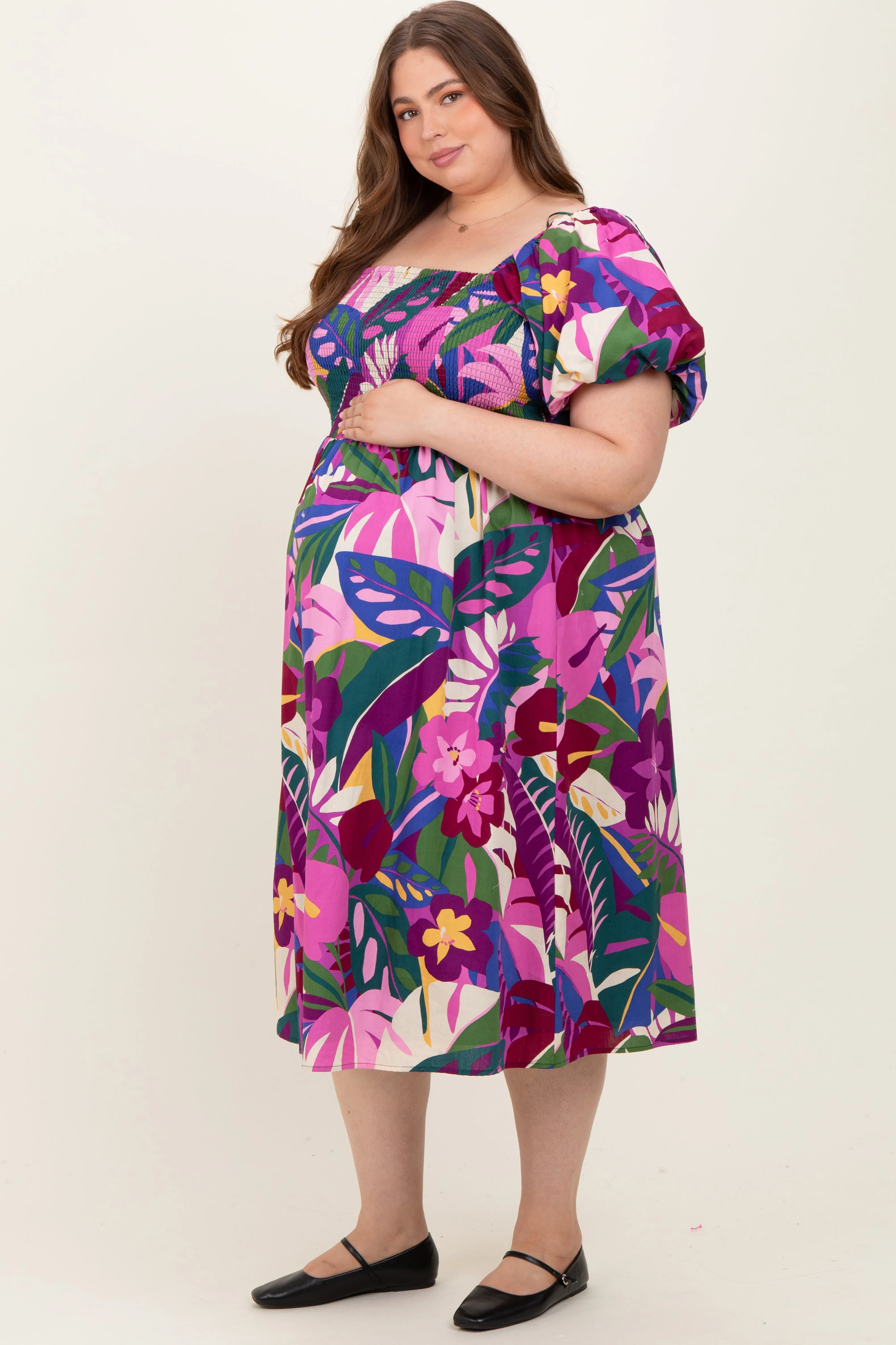 Purple Smocked Tropical Floral Maternity Plus Midi Dress sold by Pinkblush product image thumbnail 2