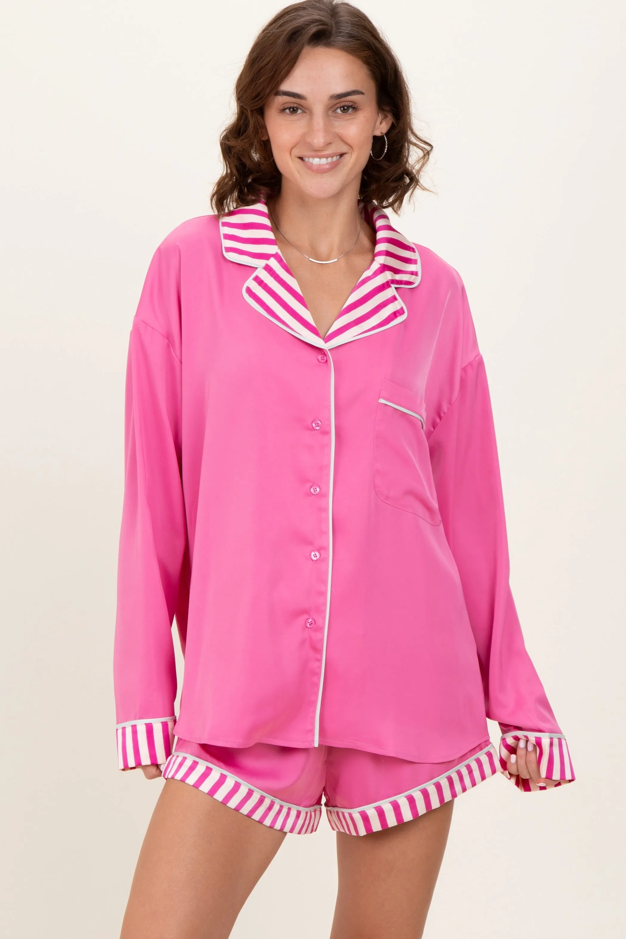 Fuchsia Satin Contrast Stripe Pajama Short Set sold by Pinkblush