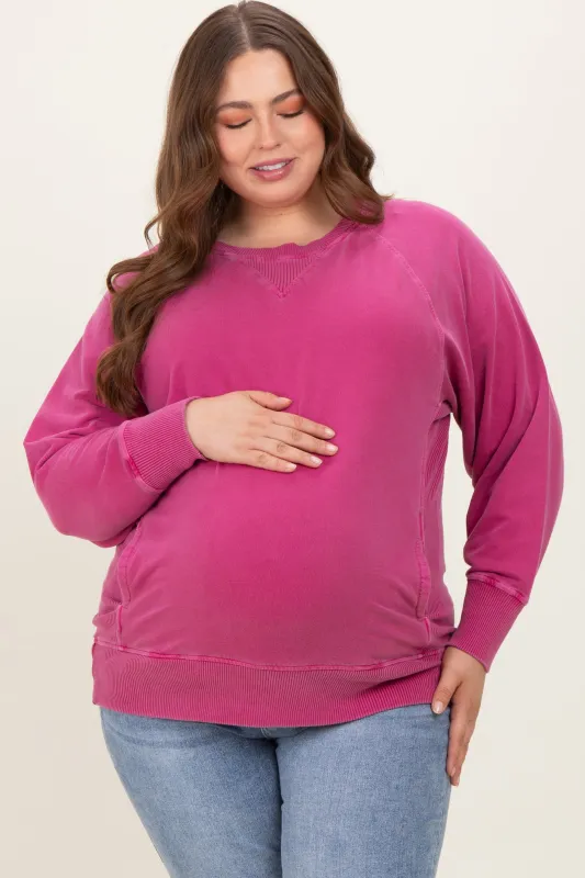 Fuchsia Vintage Wash French Terry Maternity Plus Pullover sold by Pinkblush