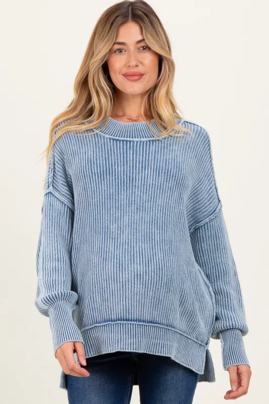 Classic Blue Washed Side Slit Oversized Maternity Sweater sold by Pinkblush