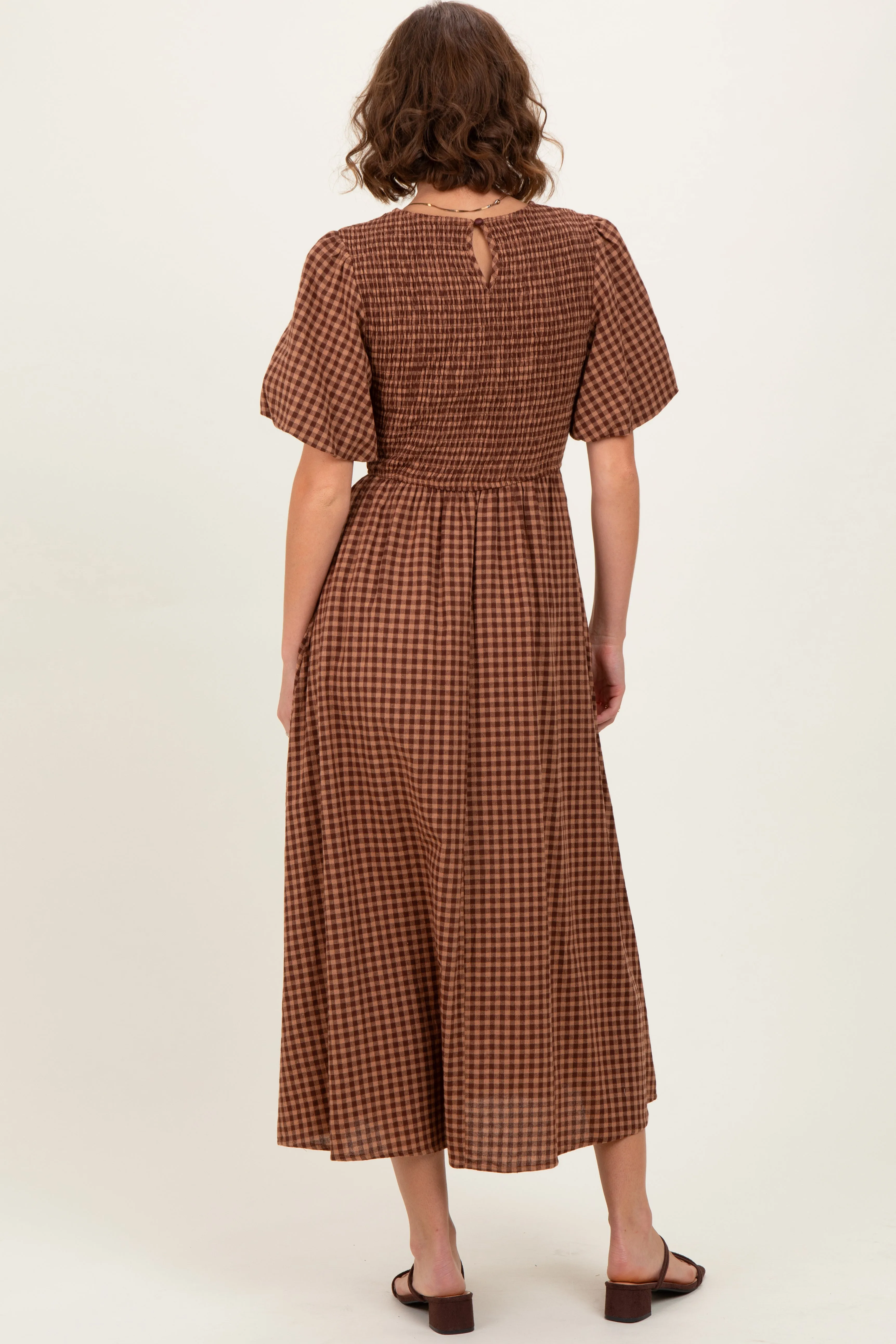 Brown Gingham Smocked Tiered Midi Dress sold by Pinkblush product image thumbnail 4