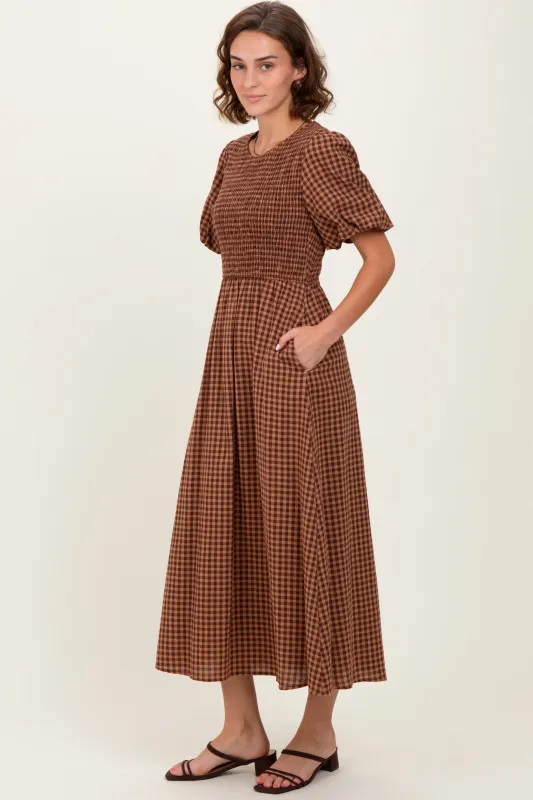 Brown Gingham Smocked Tiered Midi Dress sold by Pinkblush
