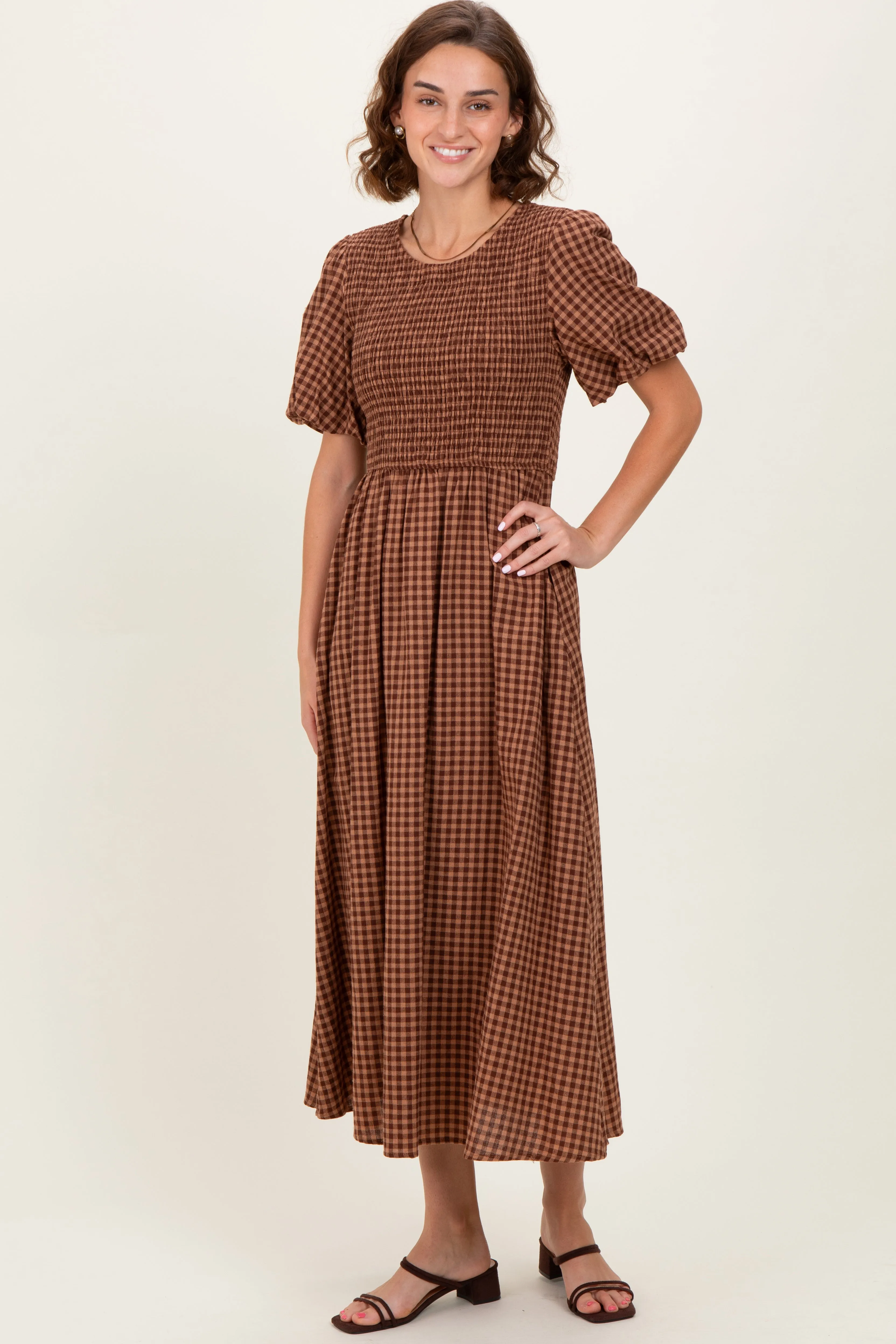Brown Gingham Smocked Tiered Midi Dress sold by Pinkblush product image thumbnail 2
