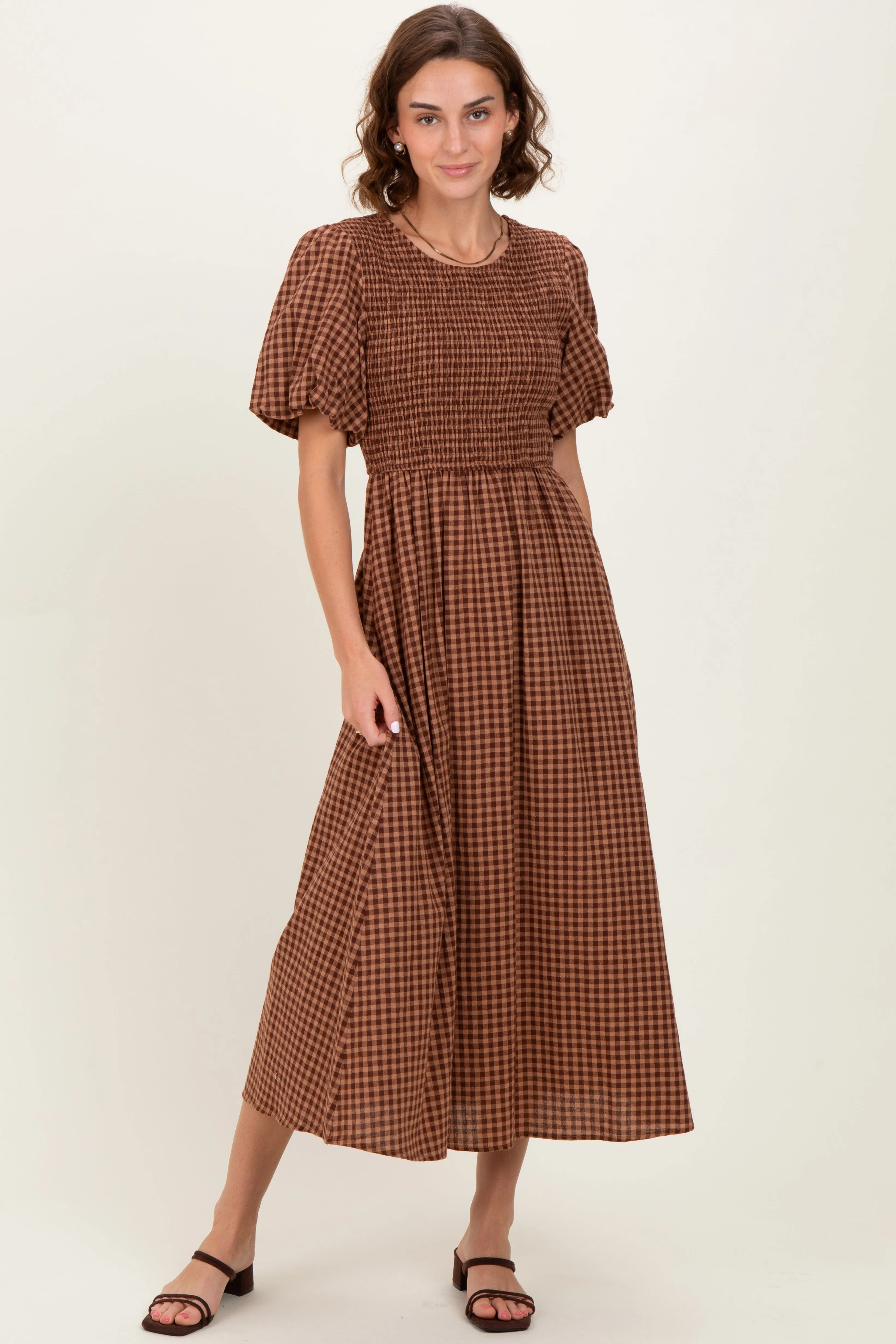 Brown Gingham Smocked Tiered Midi Dress sold by Pinkblush product image thumbnail 3