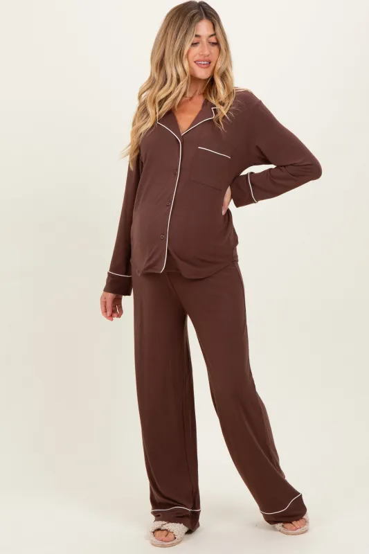 Brown Button Down Top Wide Leg Pant Maternity Pajama Set sold by Pinkblush