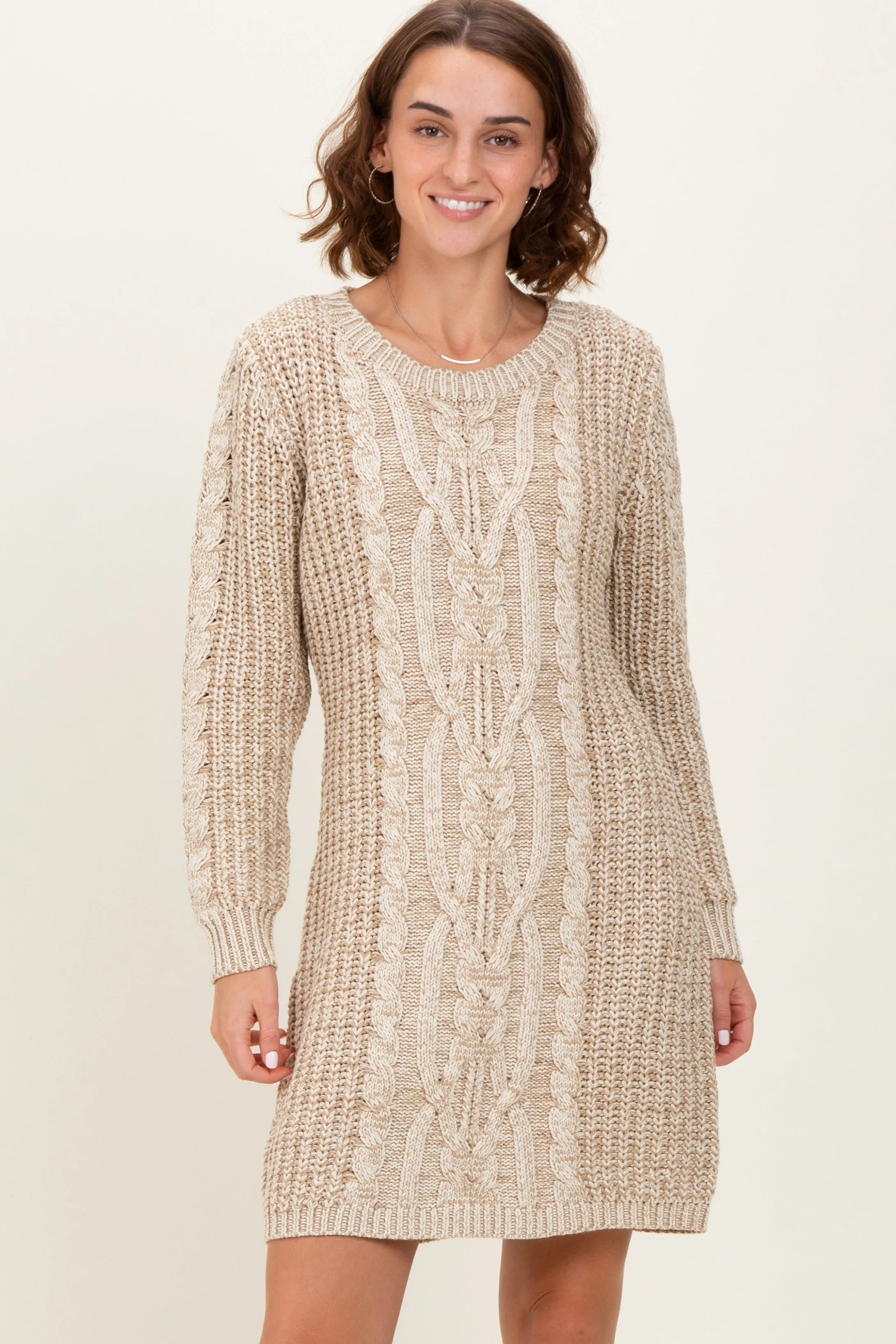Beige Two Tone Cable Knit Mini Sweater Dress sold by Pinkblush