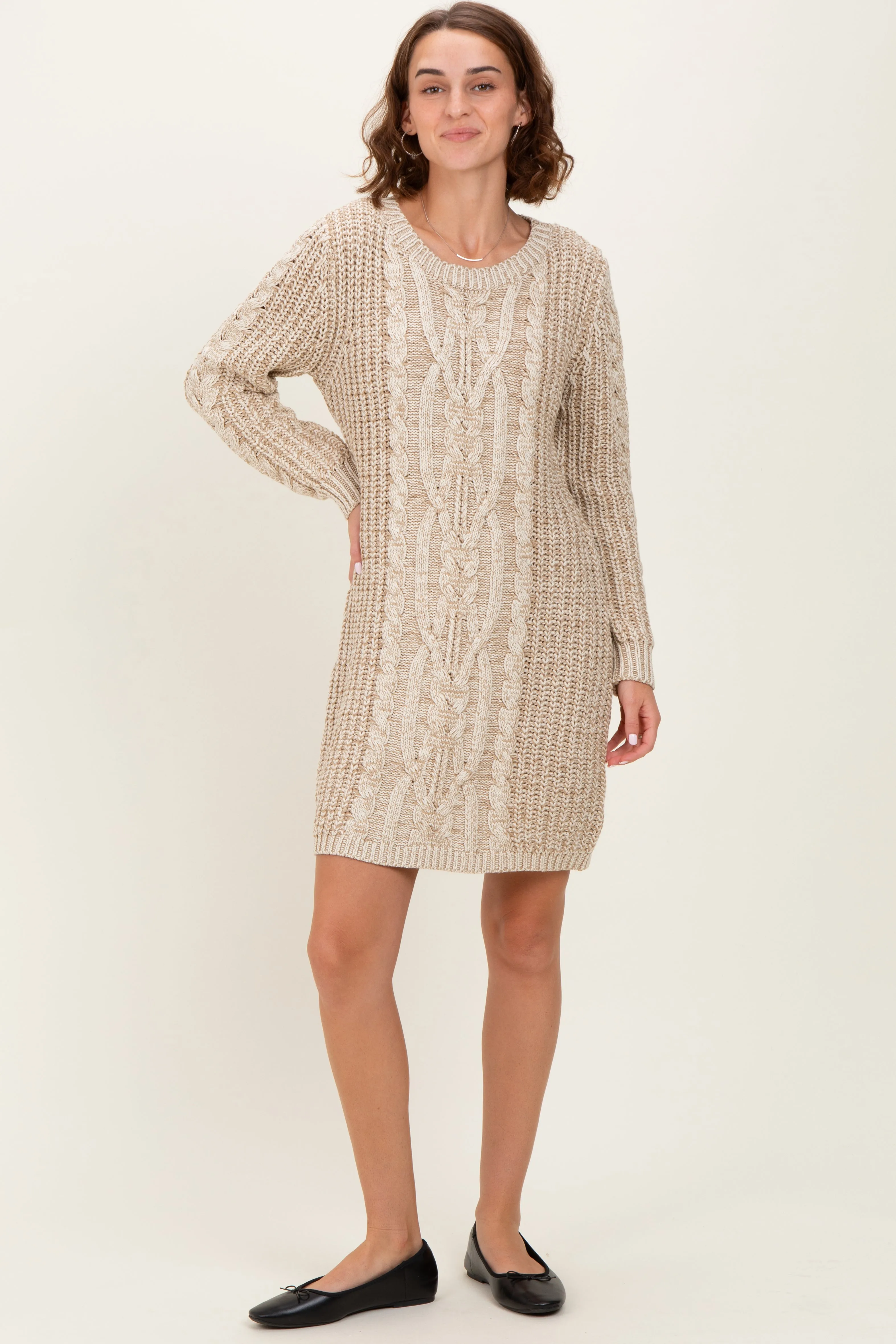 Beige Two Tone Cable Knit Mini Sweater Dress sold by Pinkblush product image thumbnail 2