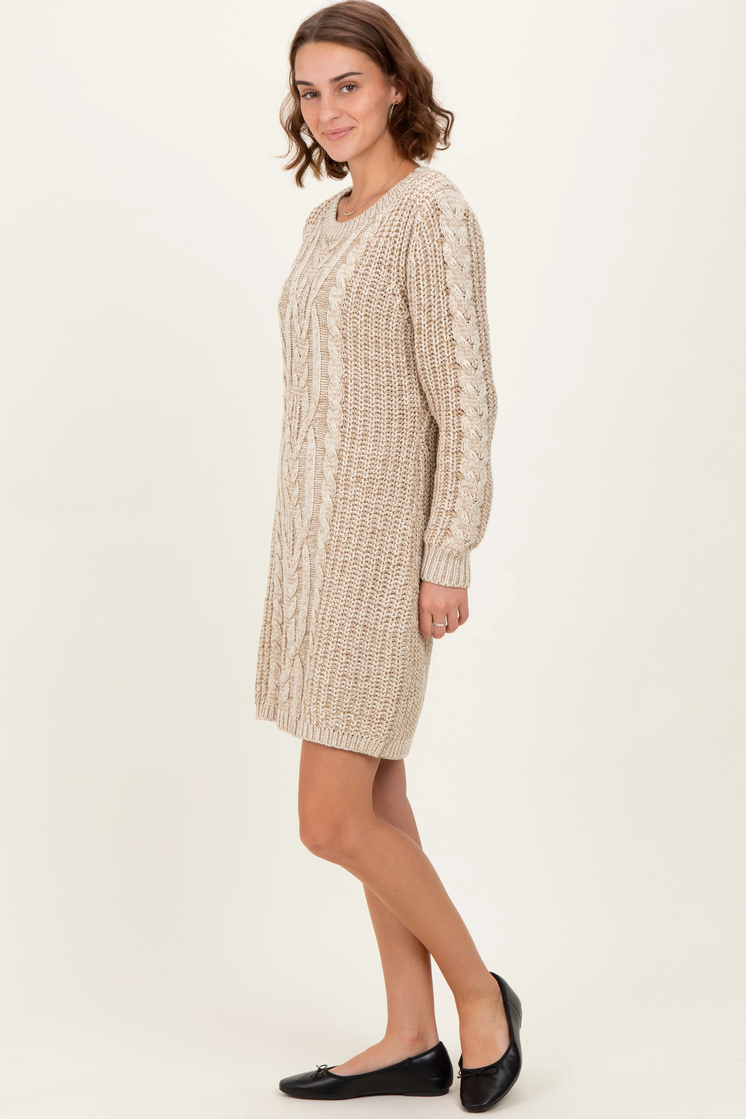 Beige Two Tone Cable Knit Mini Sweater Dress sold by Pinkblush product image thumbnail 3