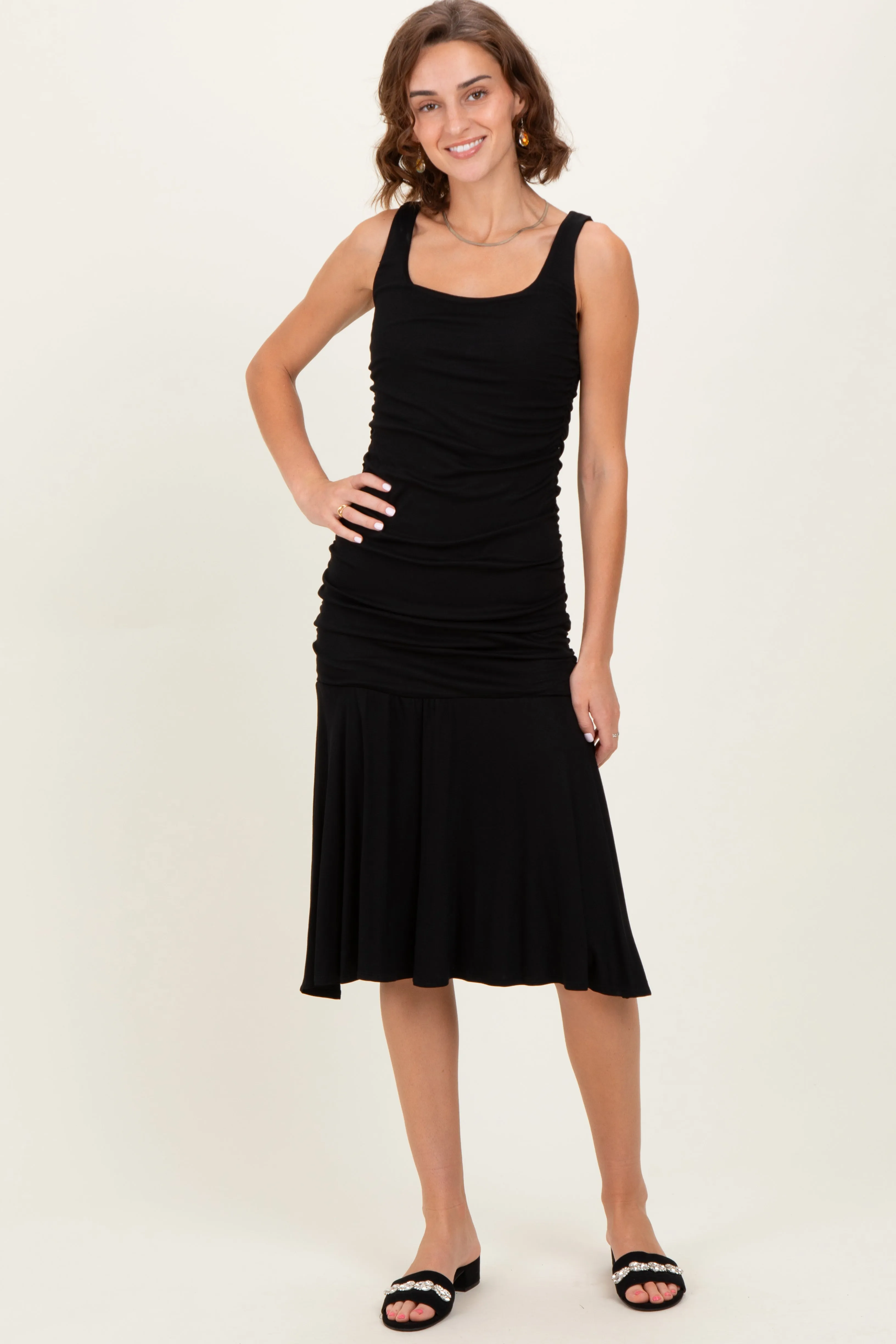 Black Ruched Sleeveless Drop Waist Midi Dress sold by Pinkblush product image thumbnail 4