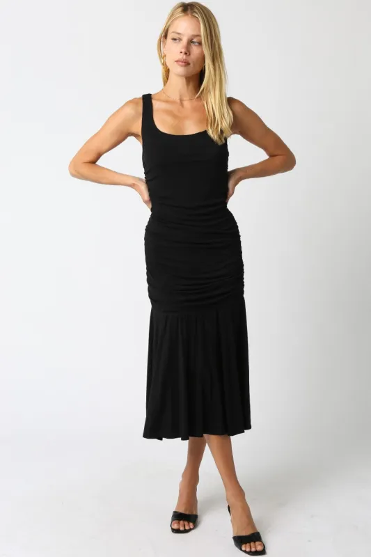 Black Ruched Sleeveless Drop Waist Midi Dress sold by Pinkblush