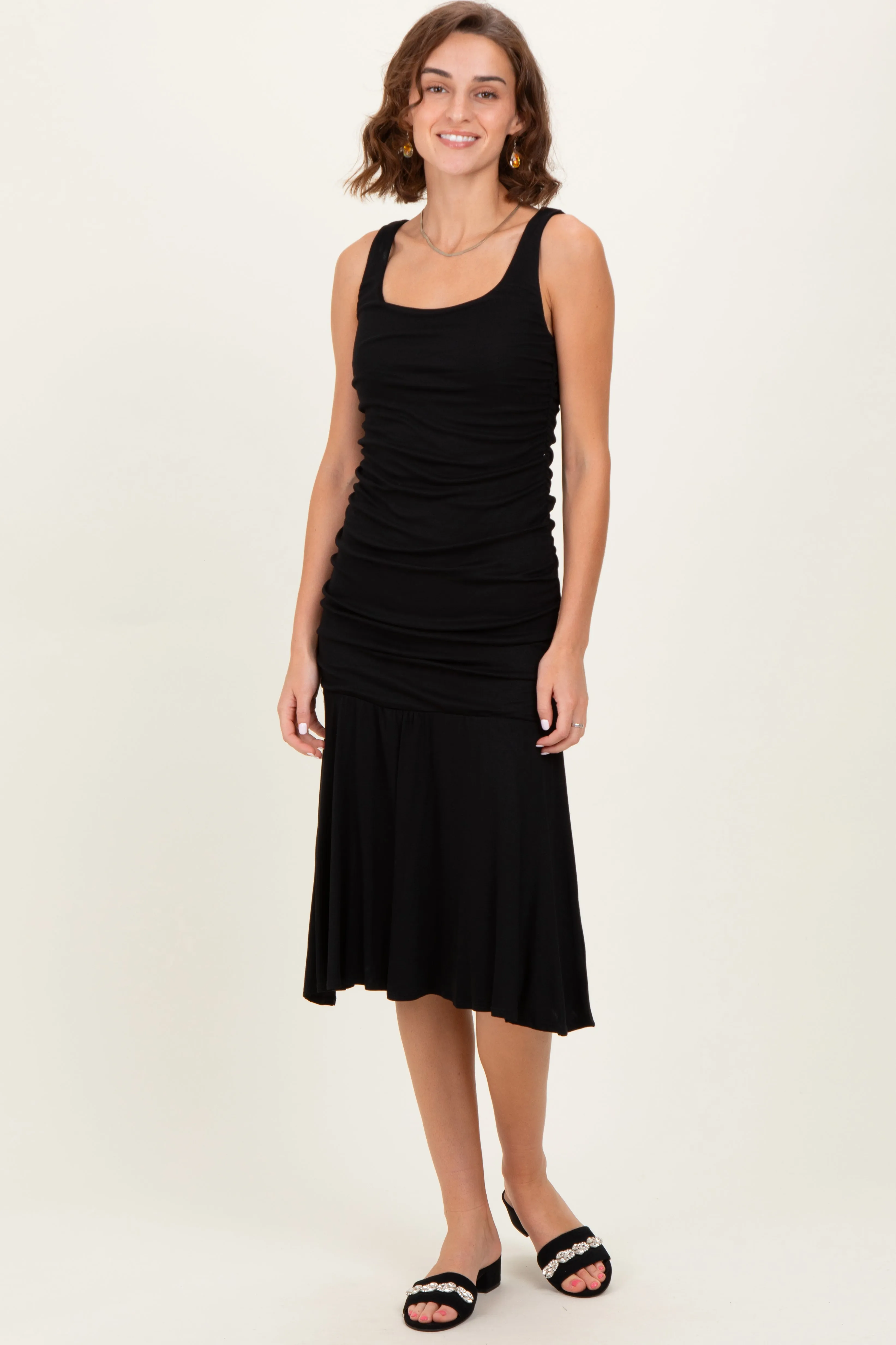 Black Ruched Sleeveless Drop Waist Midi Dress sold by Pinkblush product image thumbnail 5