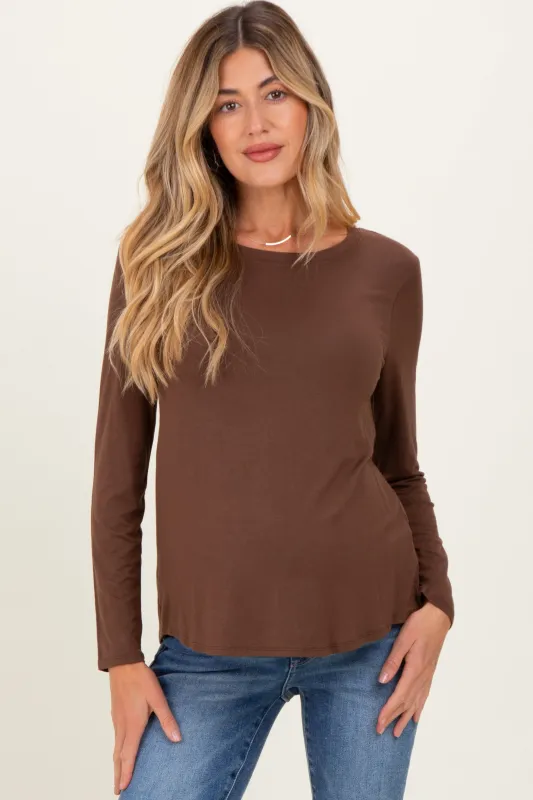 Brown Flowy Round Hem Maternity Long Sleeve Top sold by Pinkblush