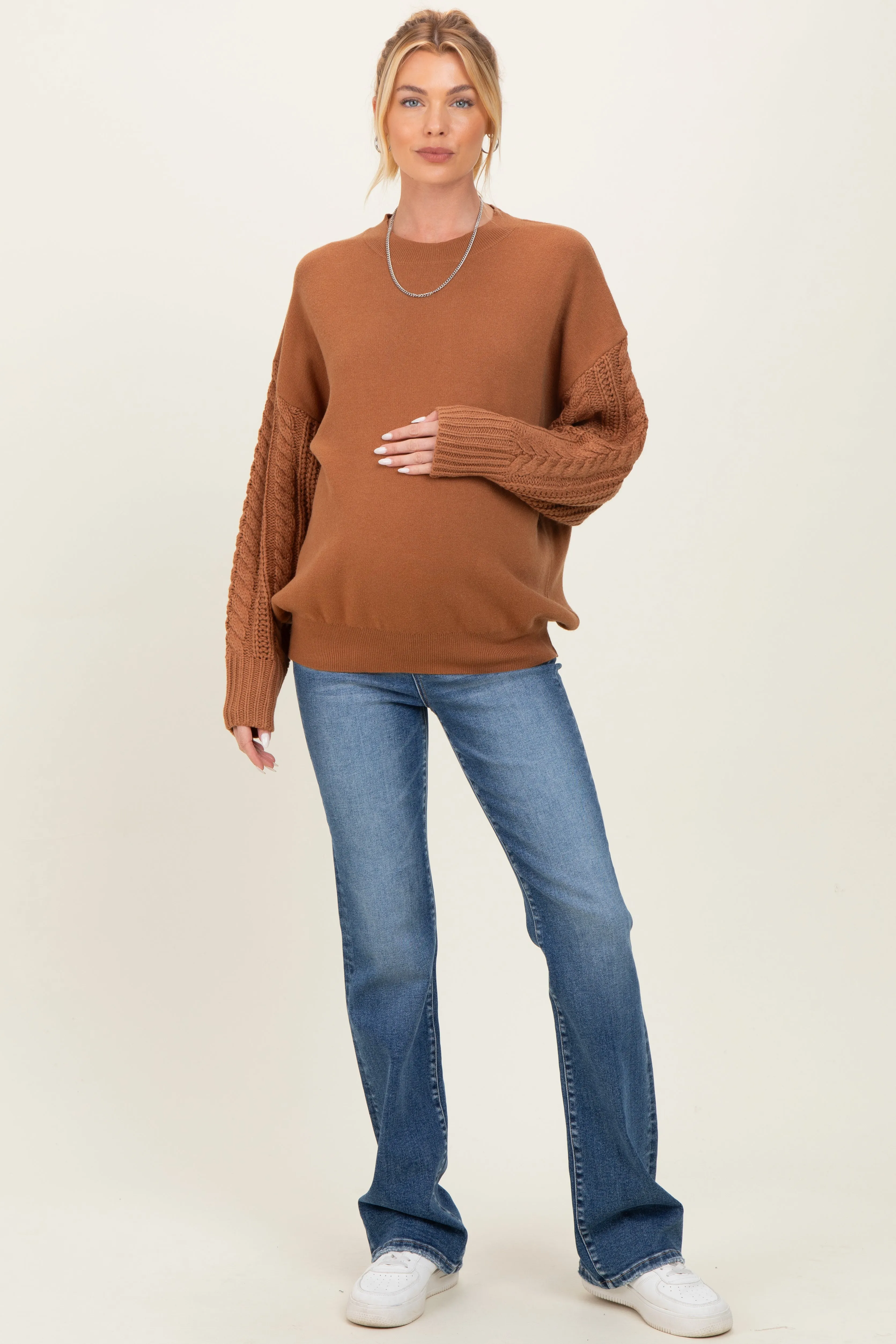 Camel Cable Knit Sleeve Round Neck Maternity Sweater sold by Pinkblush product image thumbnail 4