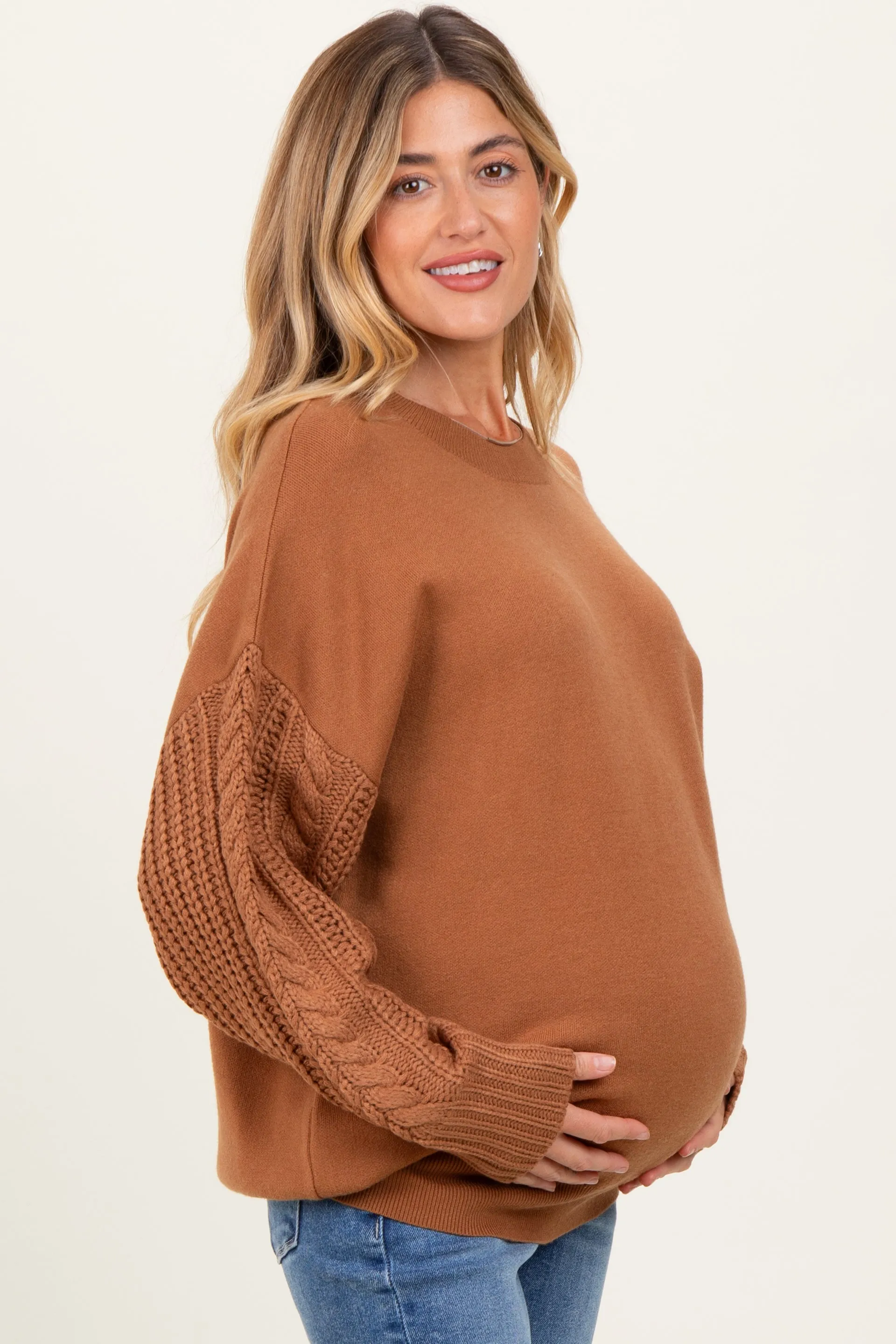 Camel Cable Knit Sleeve Round Neck Maternity Sweater sold by Pinkblush product image thumbnail 2