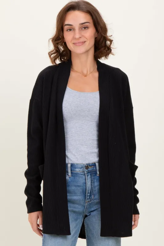 Black Solid Ribbed Long Sleeve Open Front Pocket Cardigan sold by Pinkblush