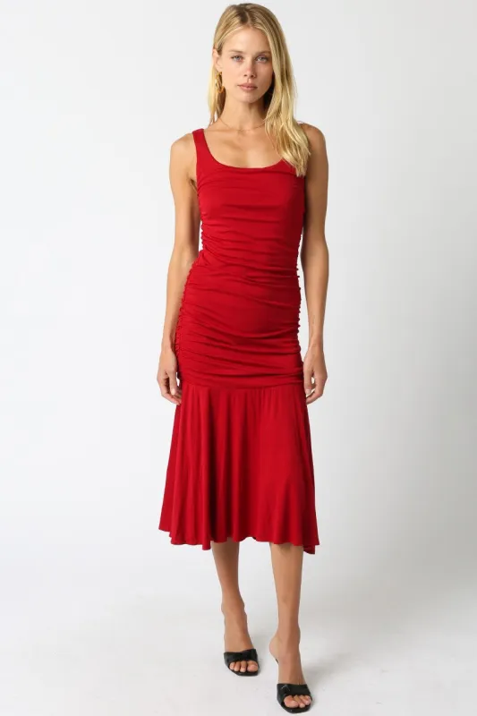 Red Ruched Sleeveless Drop Waist Midi Dress sold by Pinkblush