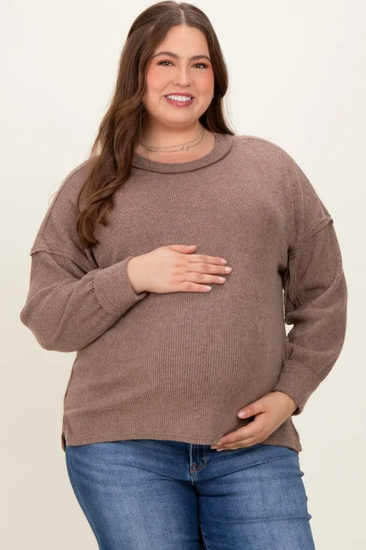 Mocha Brushed Ribbed Knit Maternity Plus Pullover sold by Pinkblush