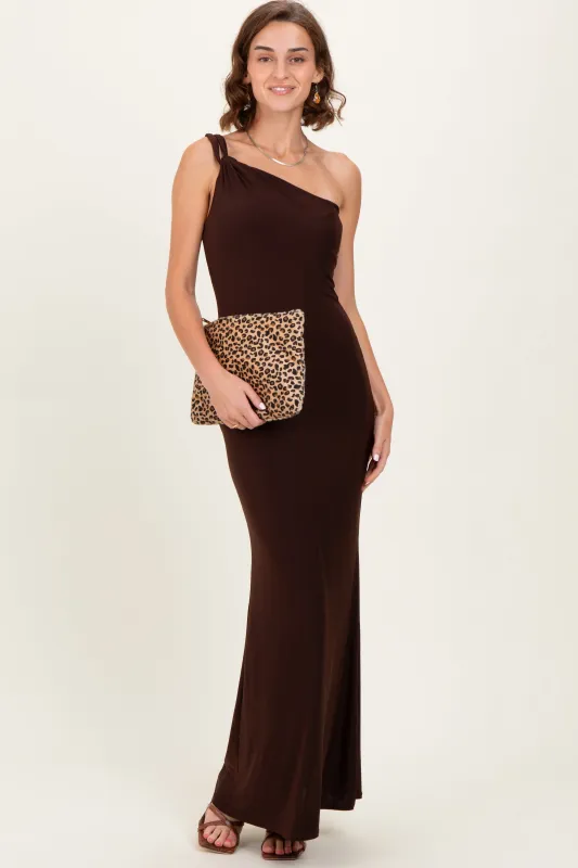 Brown Double Strap One Shoulder Maxi Dress made by Blue Blush
