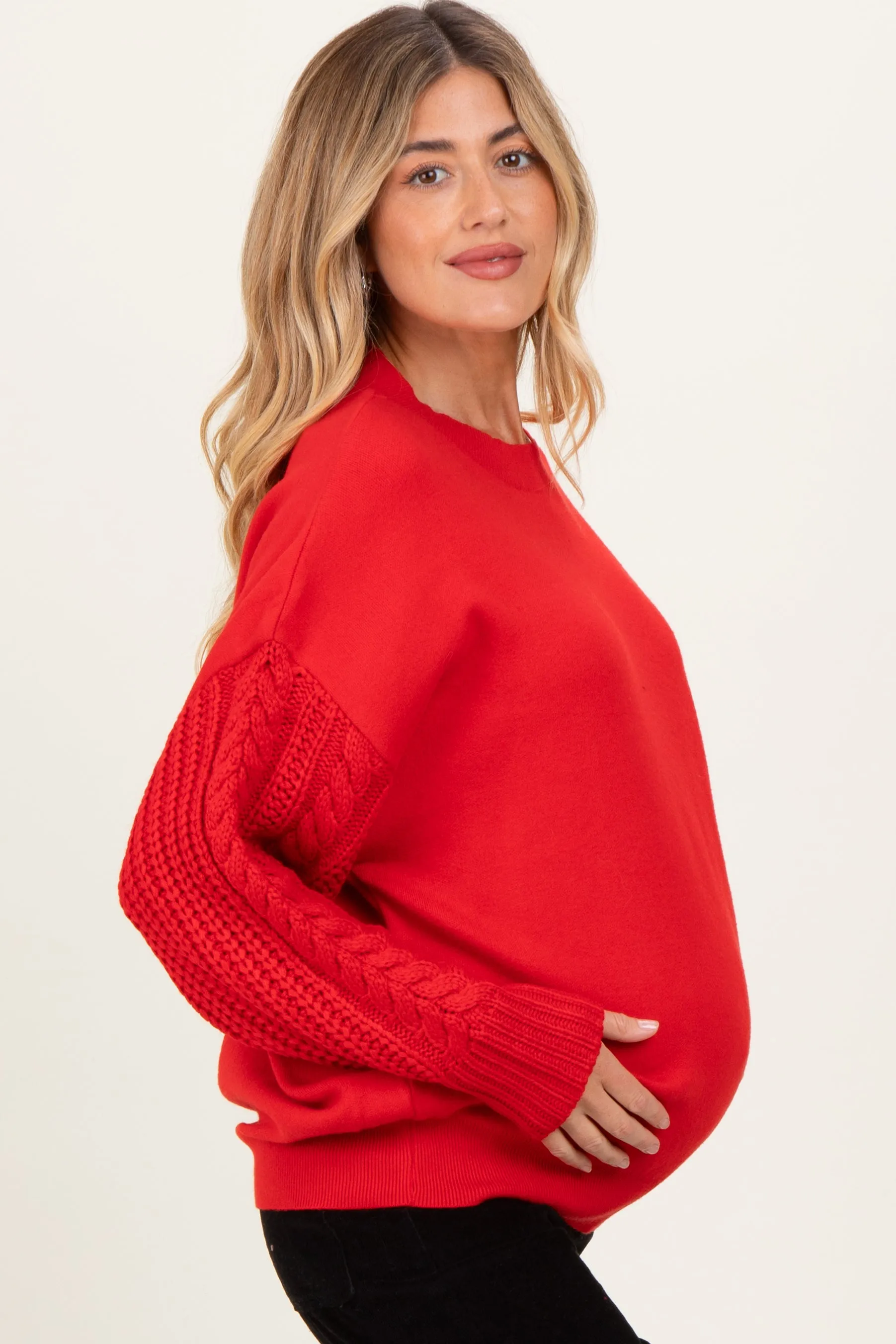Red Cable Knit Sleeve Round Neck Maternity Sweater sold by Pinkblush product image thumbnail 2