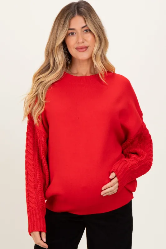 Red Cable Knit Sleeve Round Neck Maternity Sweater sold by Pinkblush