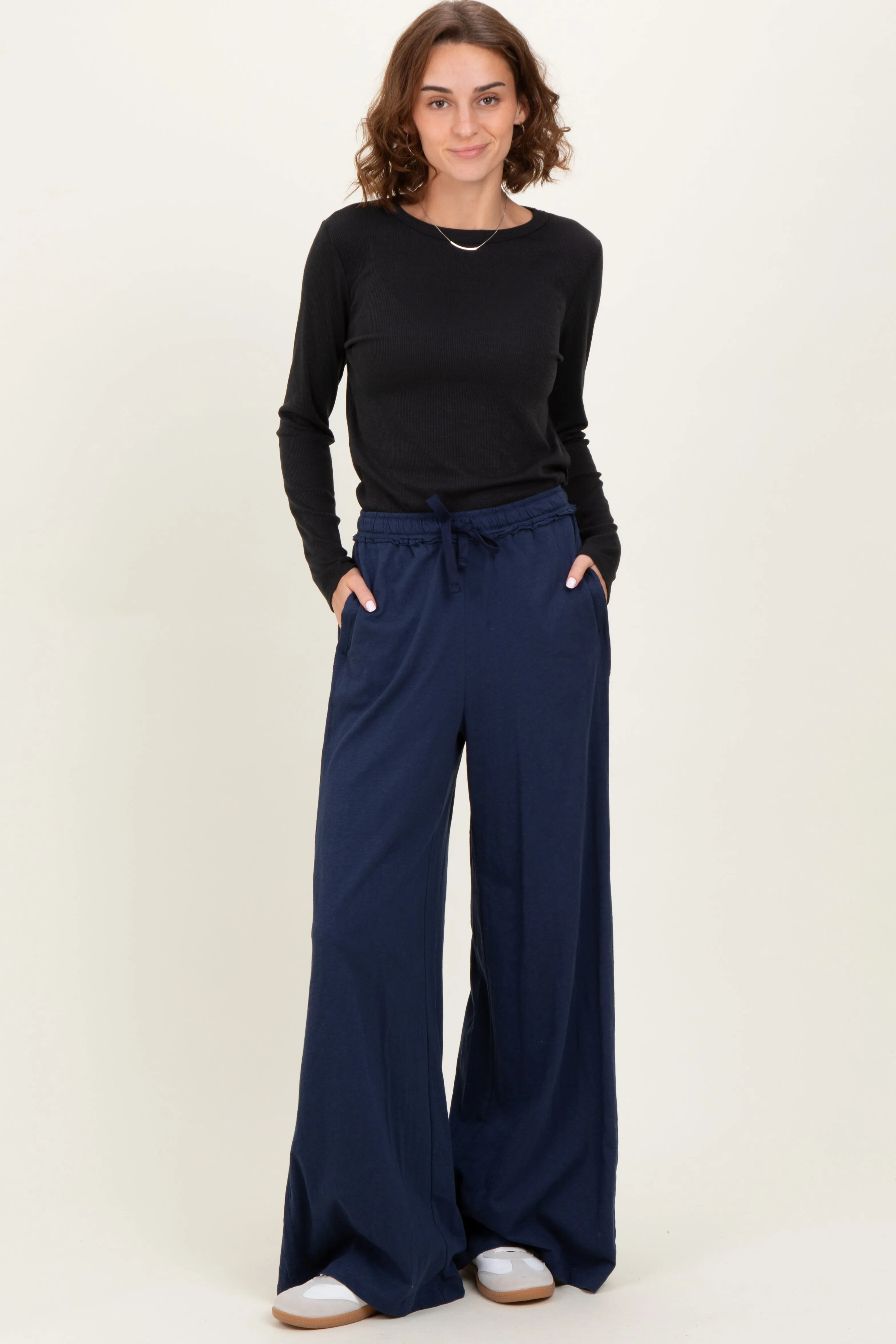 Navy Drawstring Wide Leg Lounge Pant sold by Pinkblush