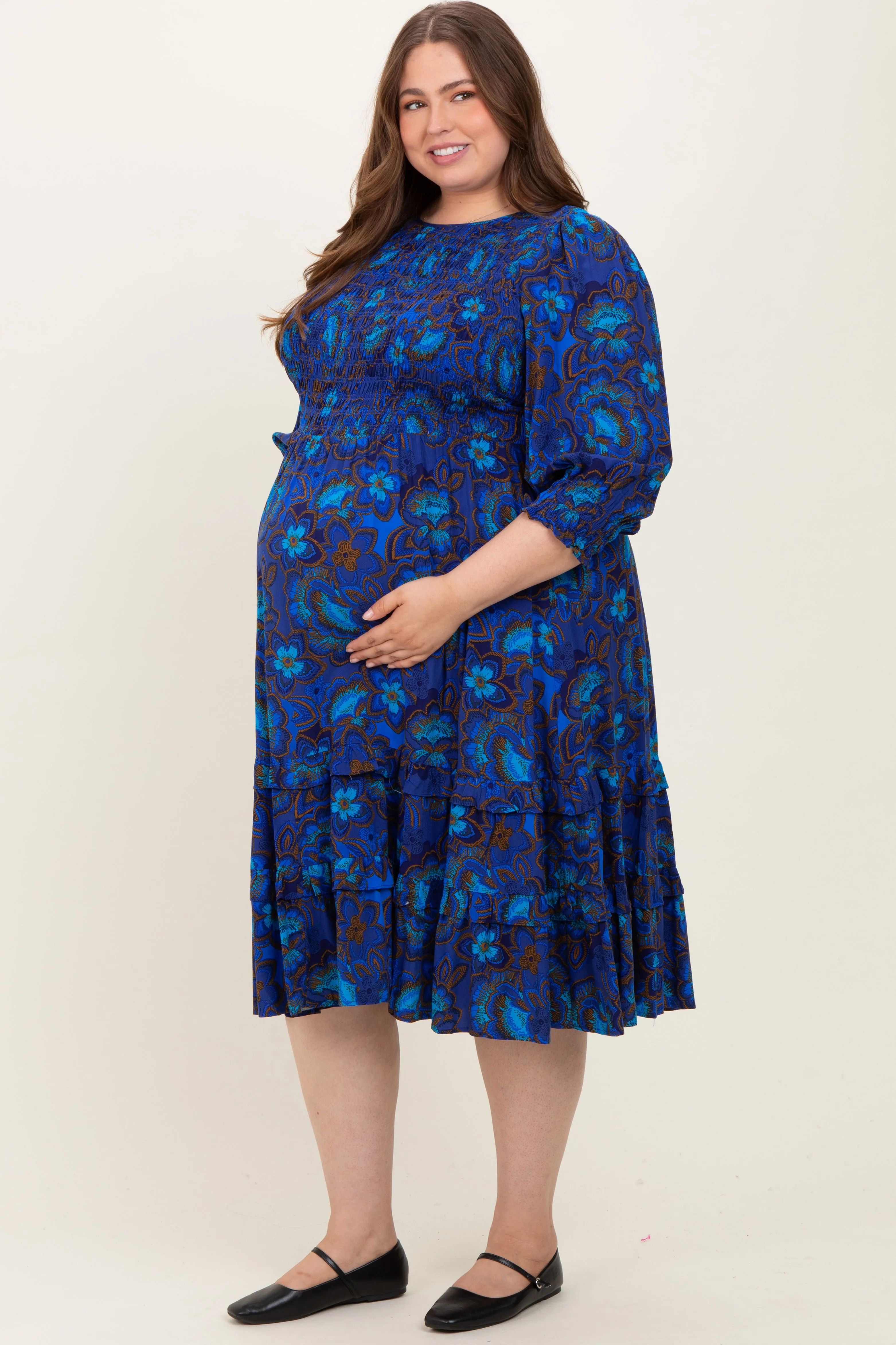 Navy Blue Floral Tiered Plus Maternity Midi Dress sold by Pinkblush product image thumbnail 3