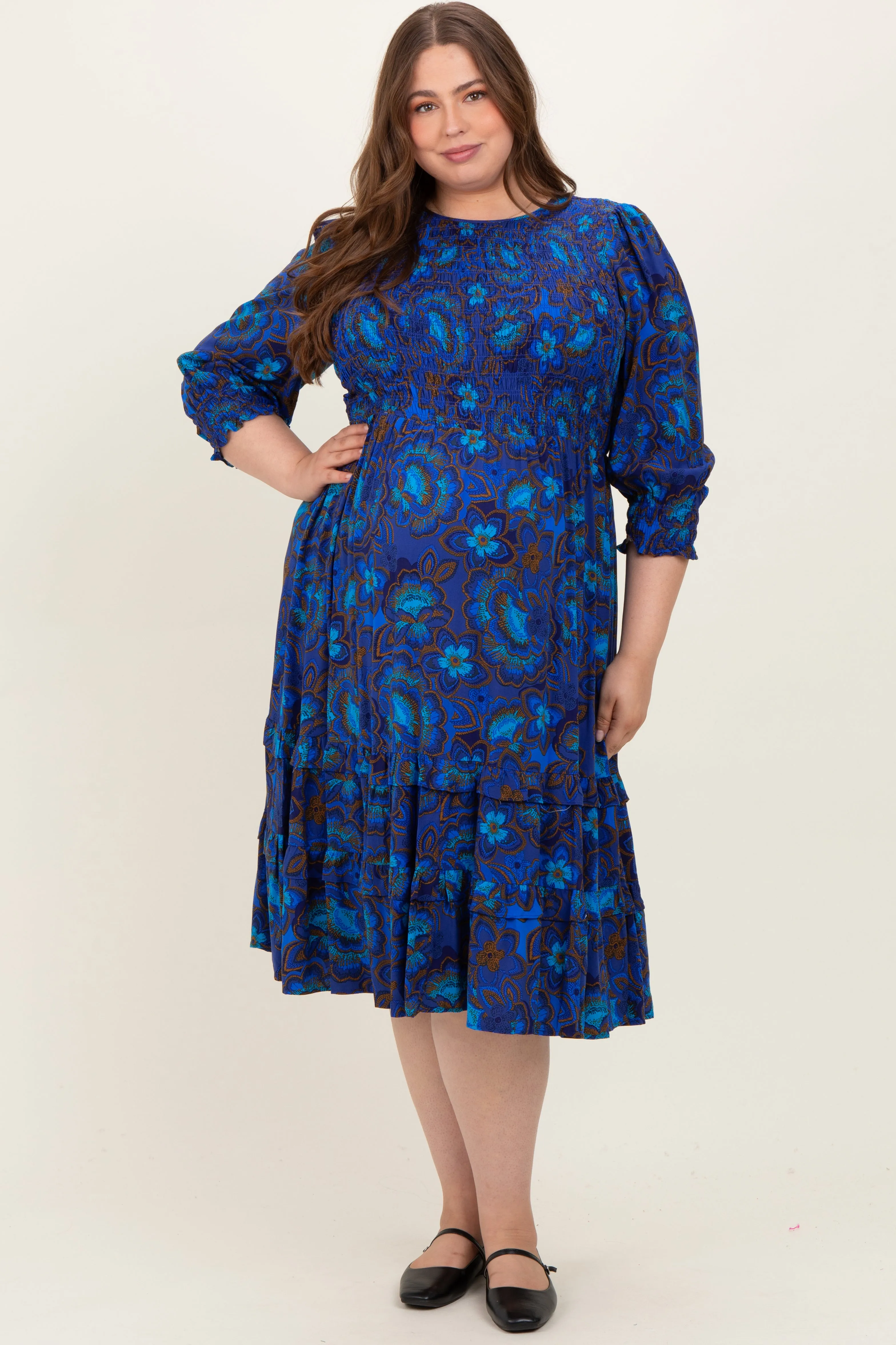 Navy Blue Floral Tiered Plus Maternity Midi Dress sold by Pinkblush