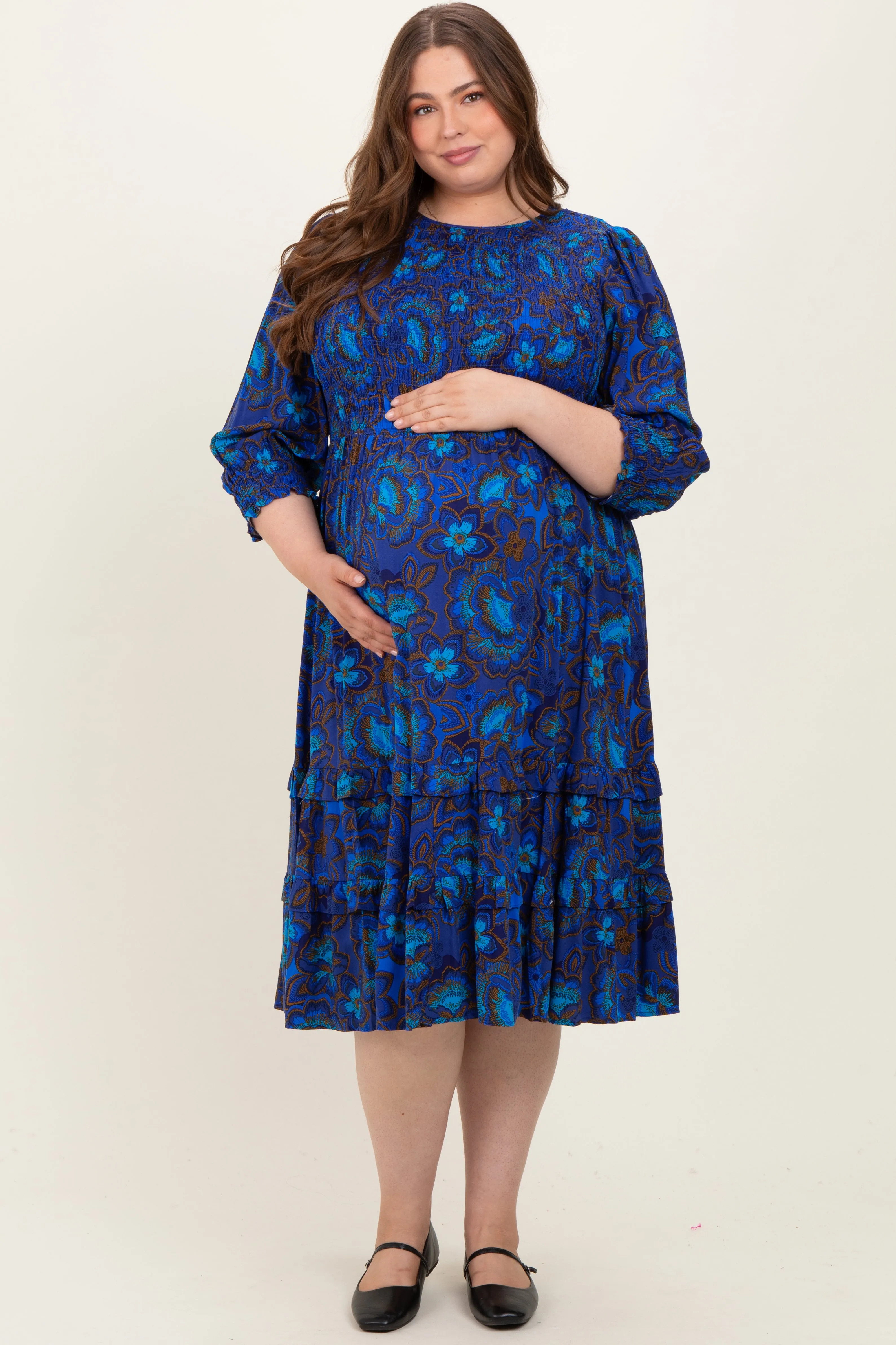 Navy Blue Floral Tiered Plus Maternity Midi Dress sold by Pinkblush product image thumbnail 2