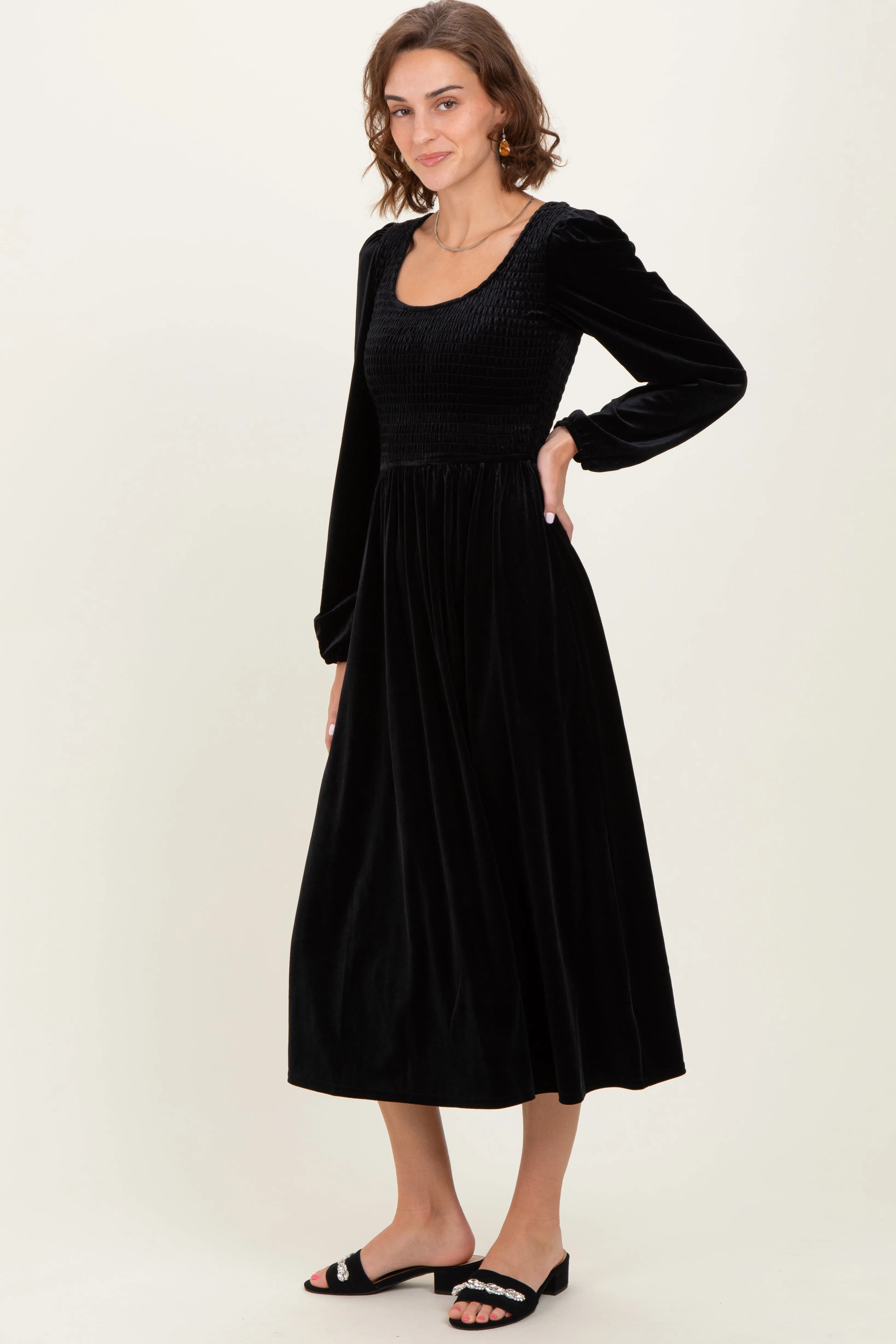 Black Velvet Smocked Long Sleeve Midi Dress sold by Pinkblush product image thumbnail 3