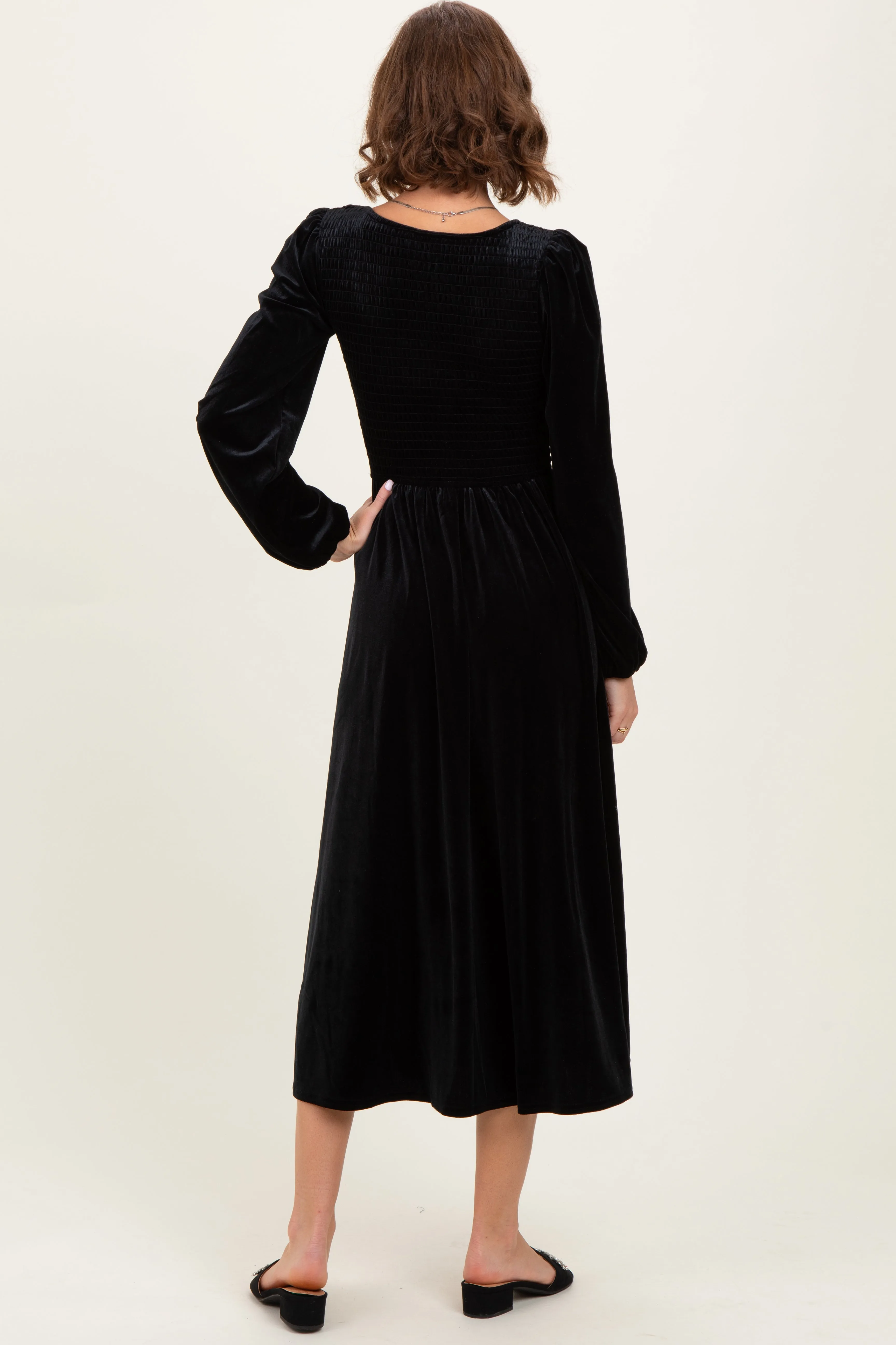 Black Velvet Smocked Long Sleeve Midi Dress sold by Pinkblush product image thumbnail 4