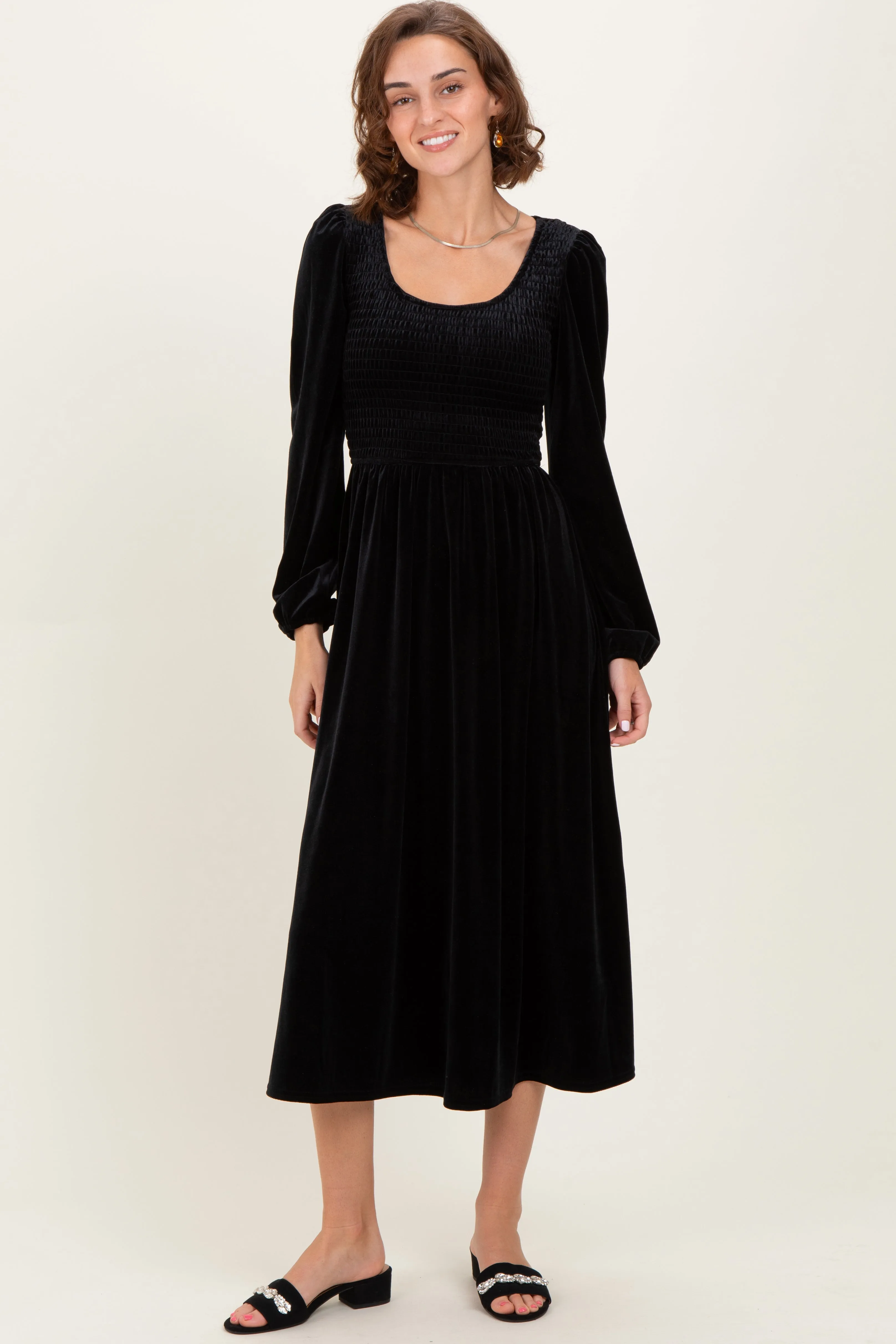 Black Velvet Smocked Long Sleeve Midi Dress sold by Pinkblush