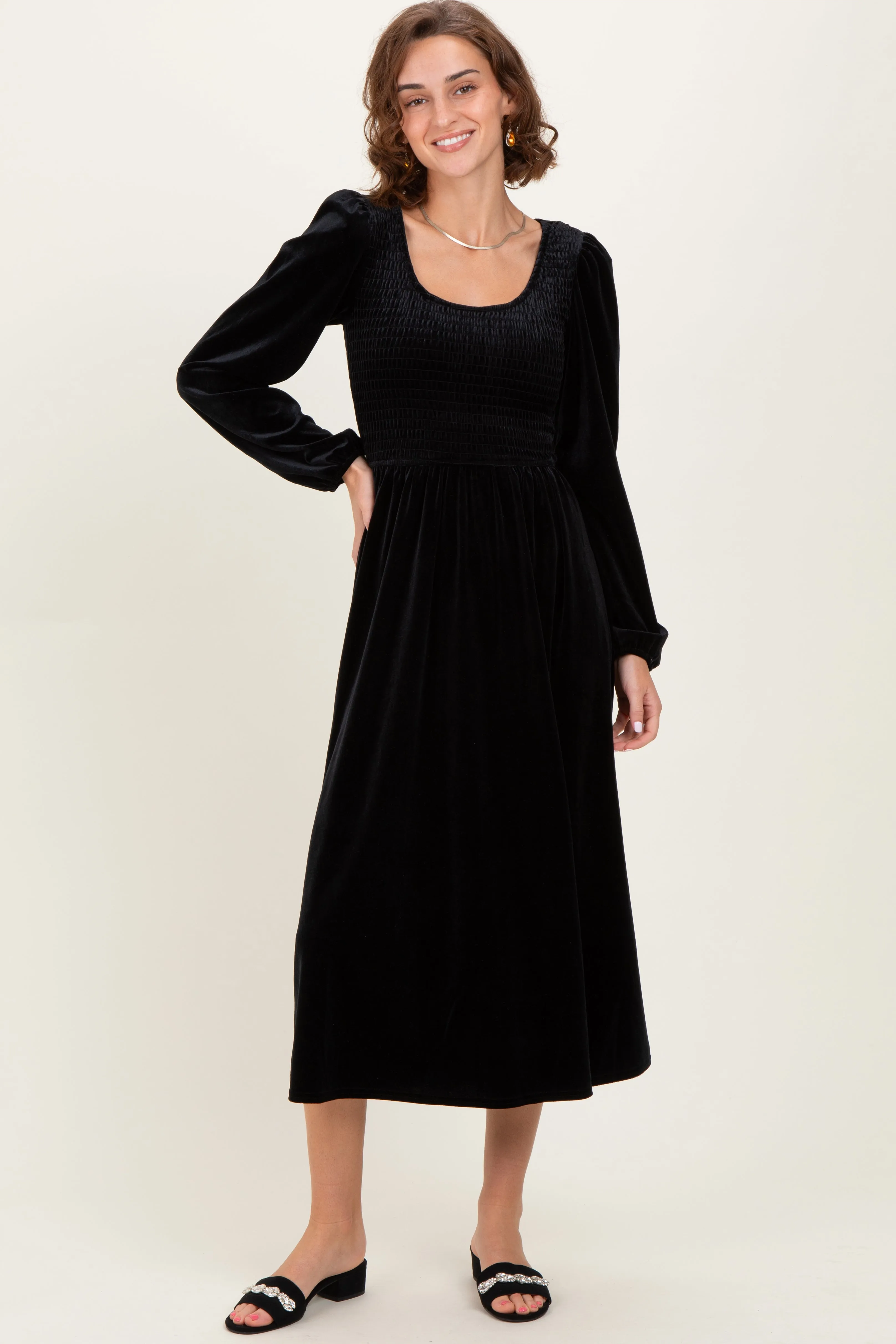 Black Velvet Smocked Long Sleeve Midi Dress sold by Pinkblush product image thumbnail 2