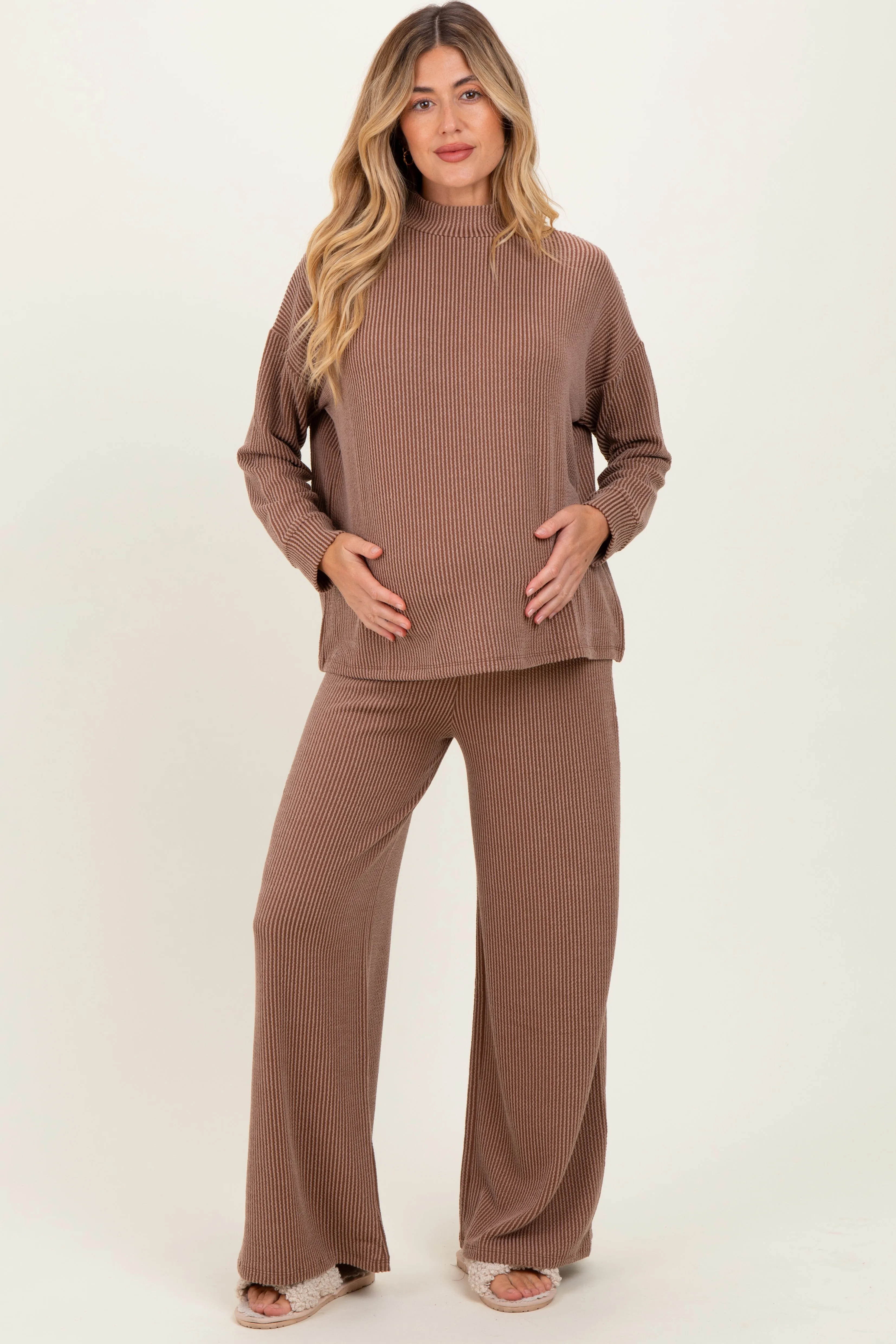 Mocha Textured Rib Mock Neck Long Sleeve Pants Maternity Set sold by Pinkblush product image thumbnail 2